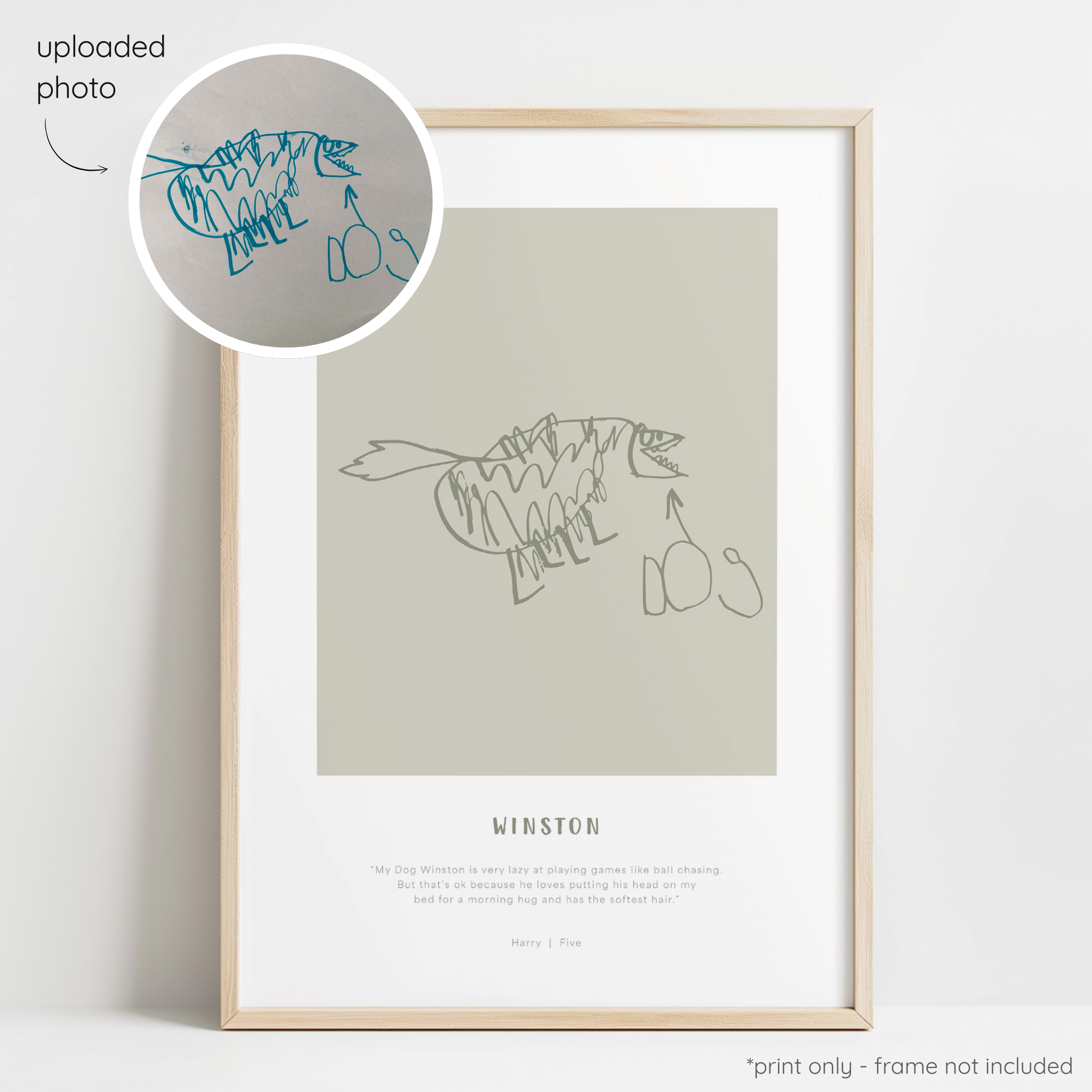 Framed olive abstract line art print of a child's drawing on a sage background with a close-up inset of the original drawing.