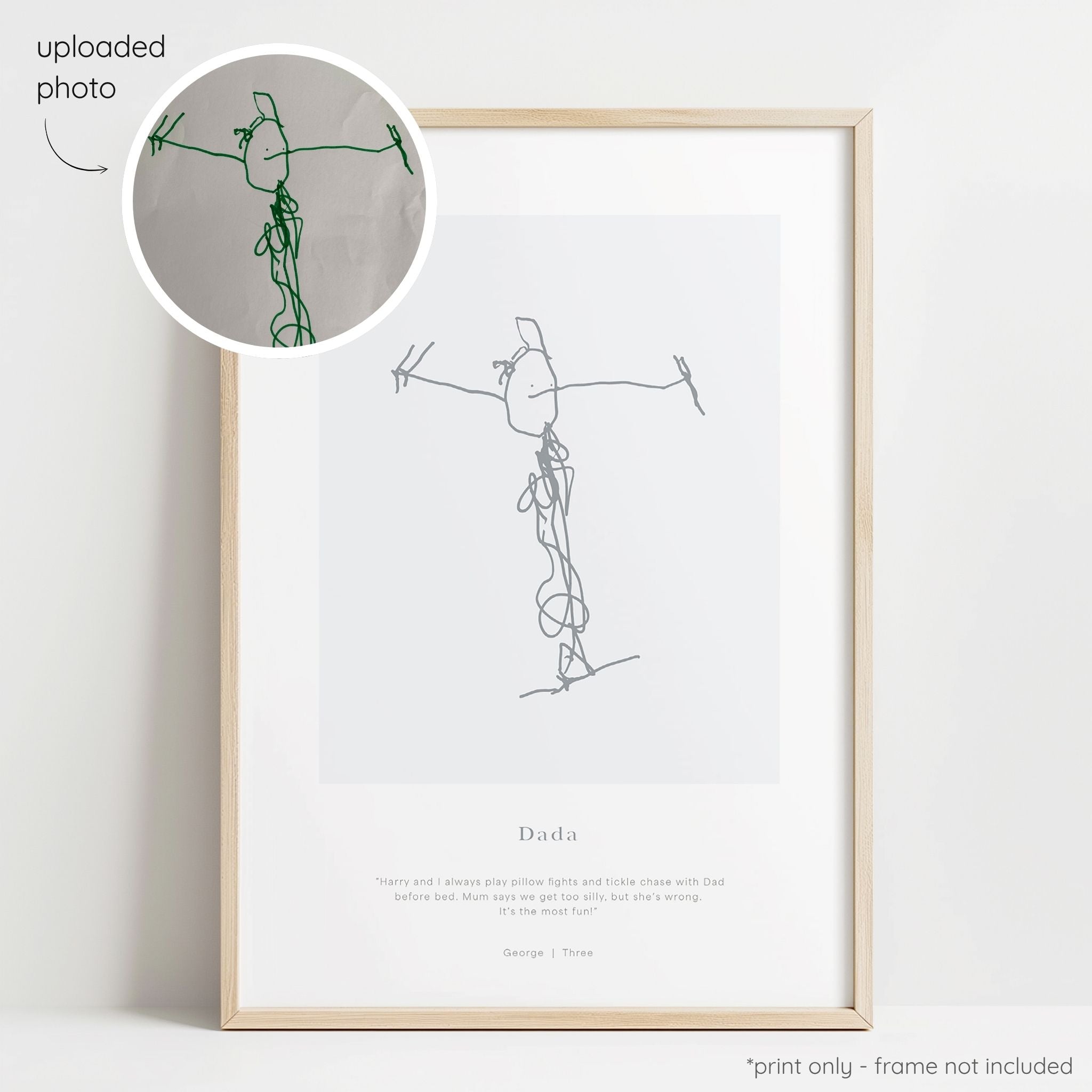 Framed dark grey abstract line art print of a child's drawing on a light grey background with a close-up inset of the original drawing.