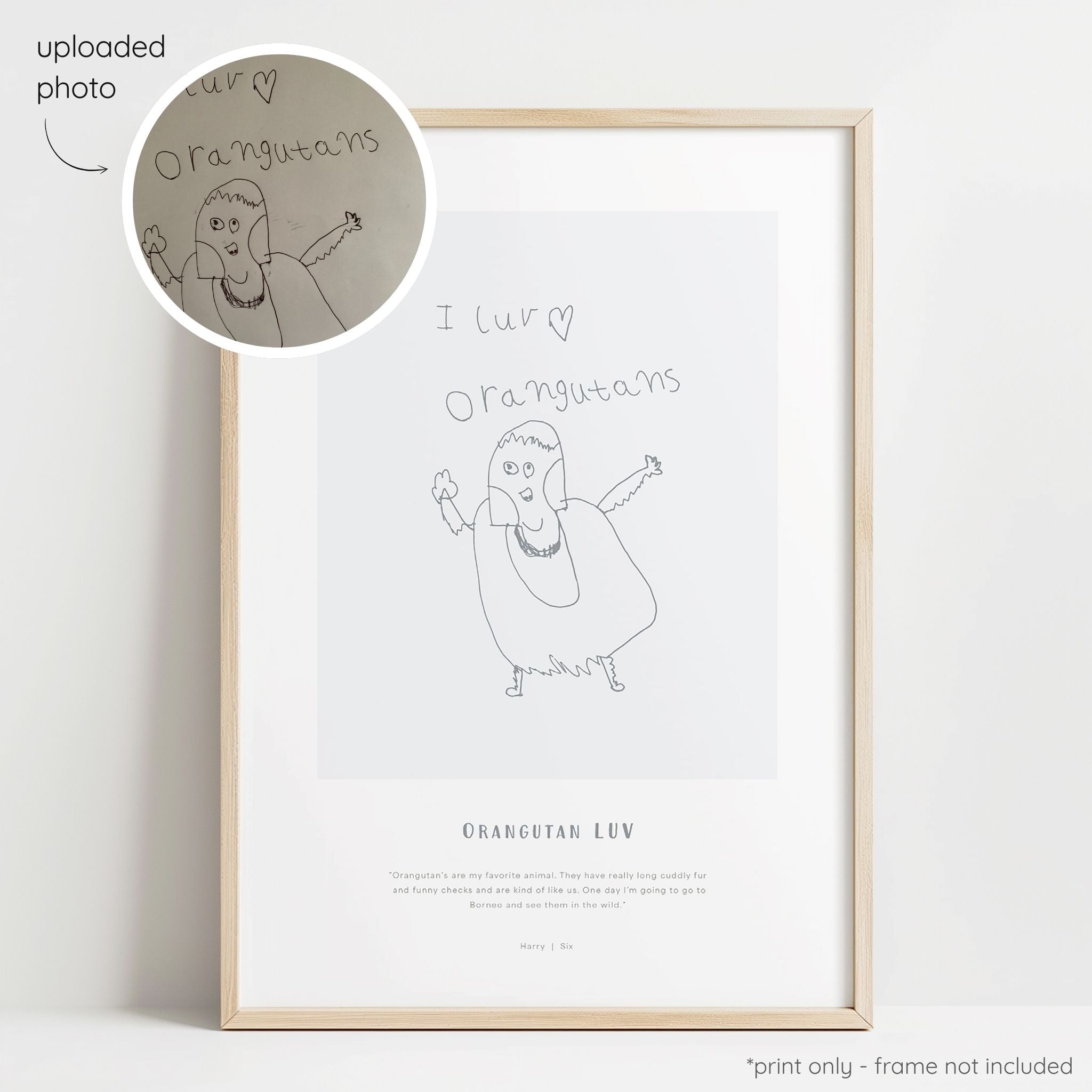 Framed dark grey abstract line art print of a child's drawing on a light grey background with a close-up inset of the original drawing.