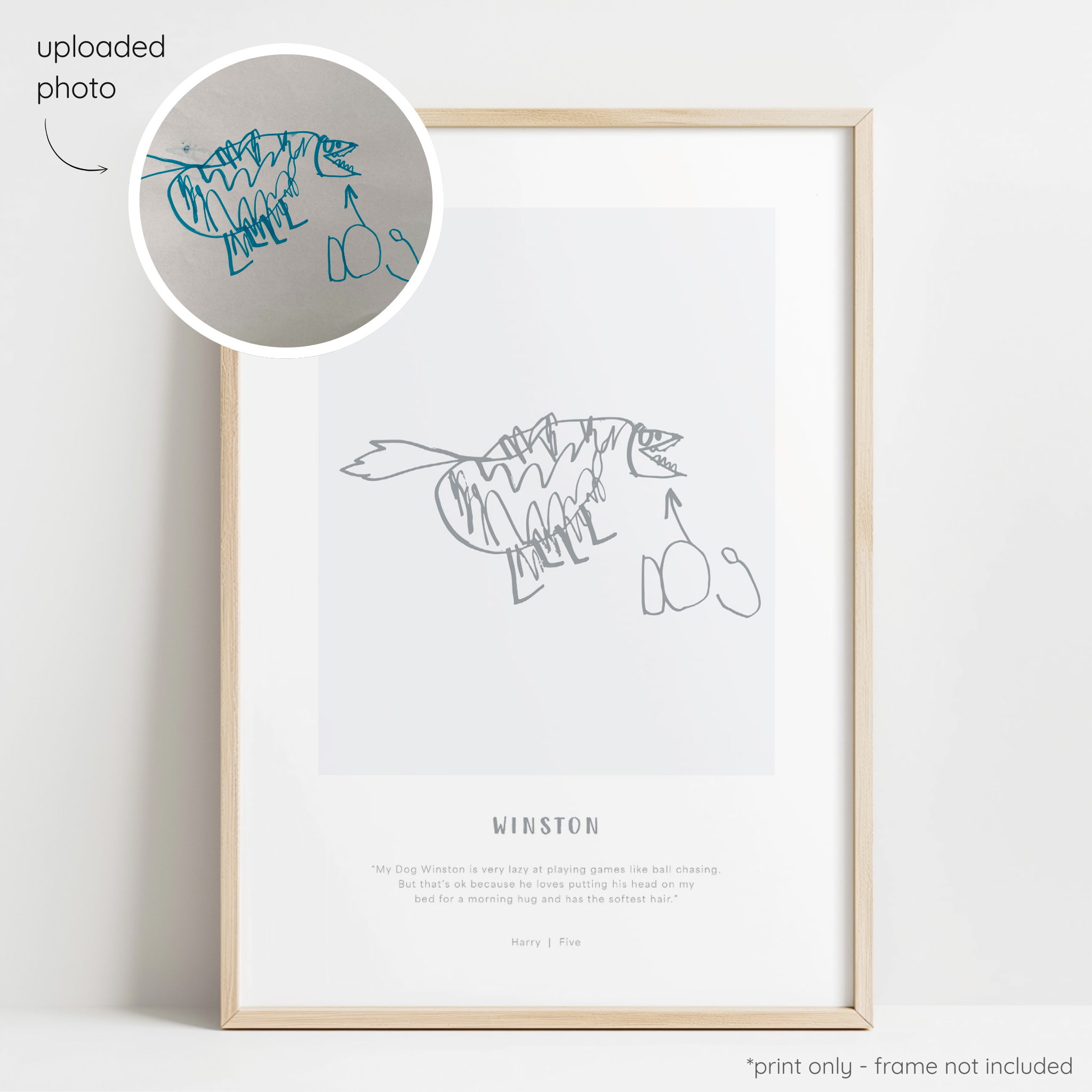 Framed dark grey abstract line art print of a child's drawing on a light grey background with a close-up inset of the original drawing.