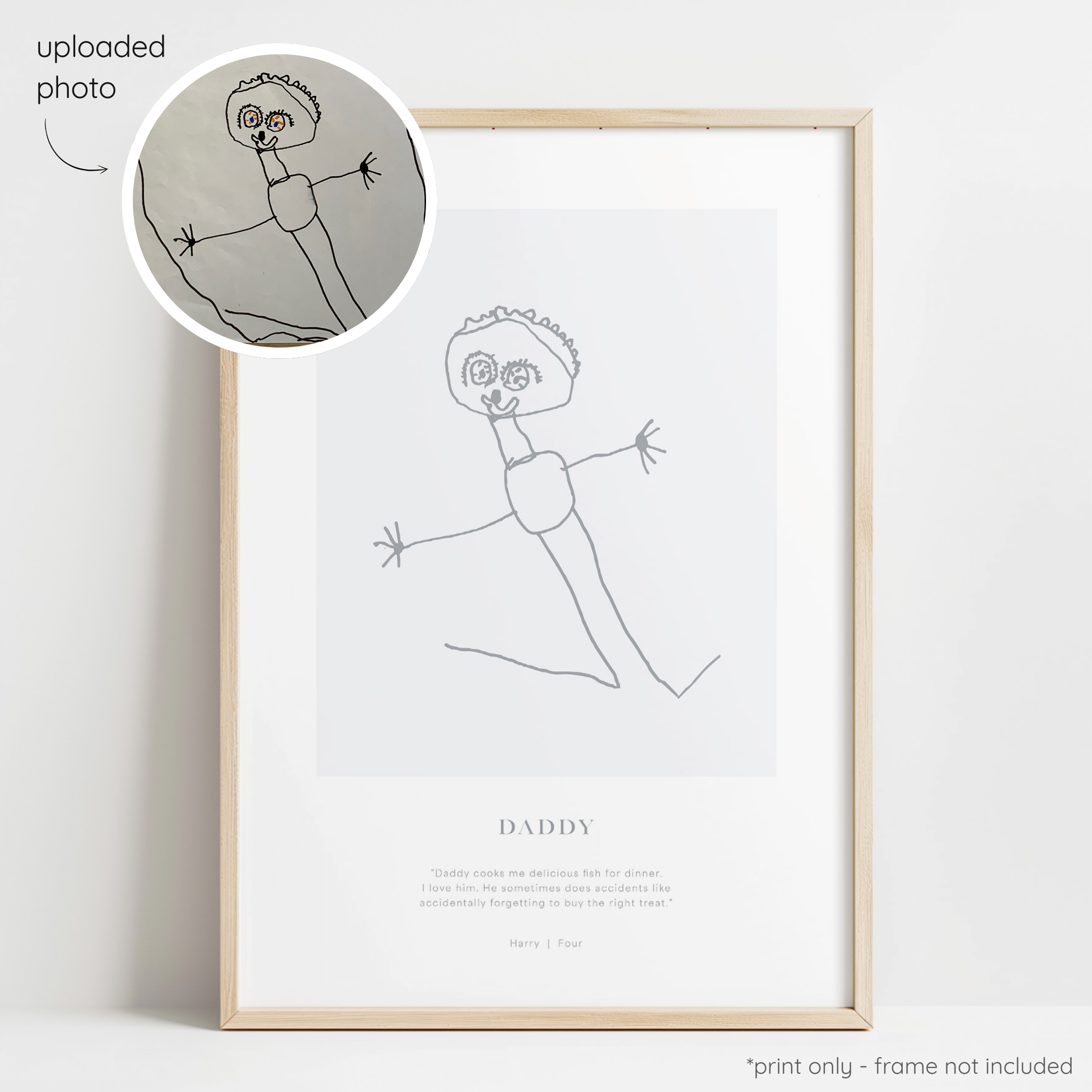 Framed dark grey abstract line art print of a child's drawing on a light grey background with a close-up inset of the original drawing.