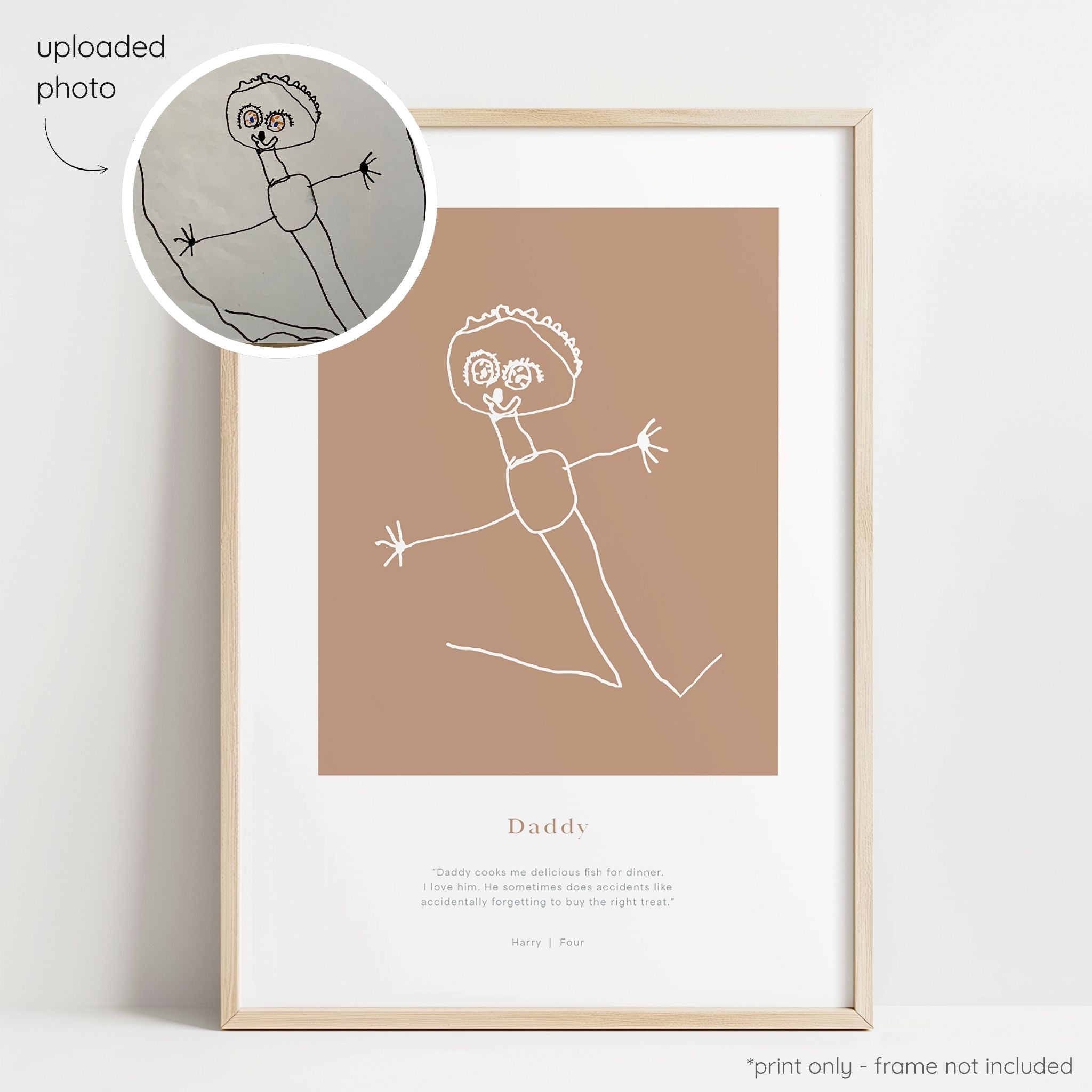 Framed white abstract line art print of a child's drawing on a terracotta background with a close-up inset of the original drawing.
