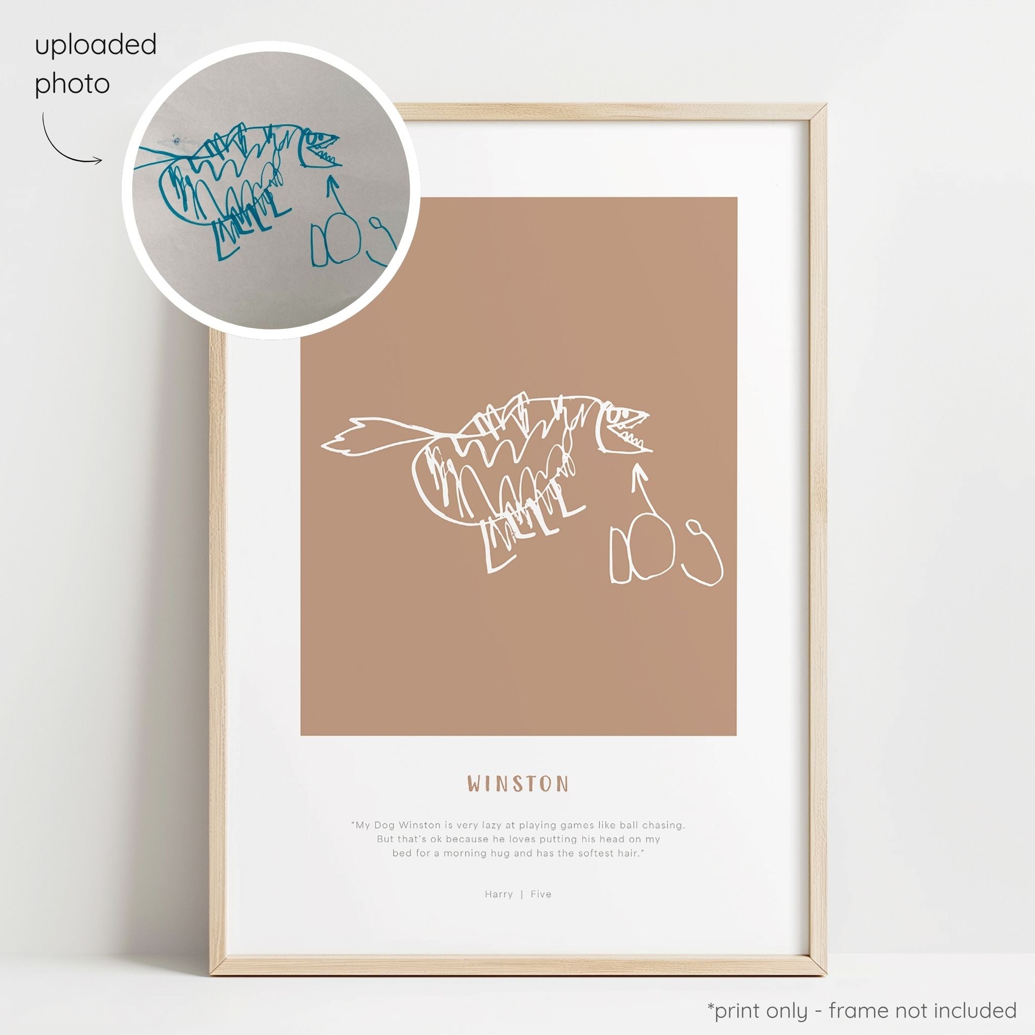 Framed white abstract line art print of a child's drawing on a terracotta background with a close-up inset of the original drawing.