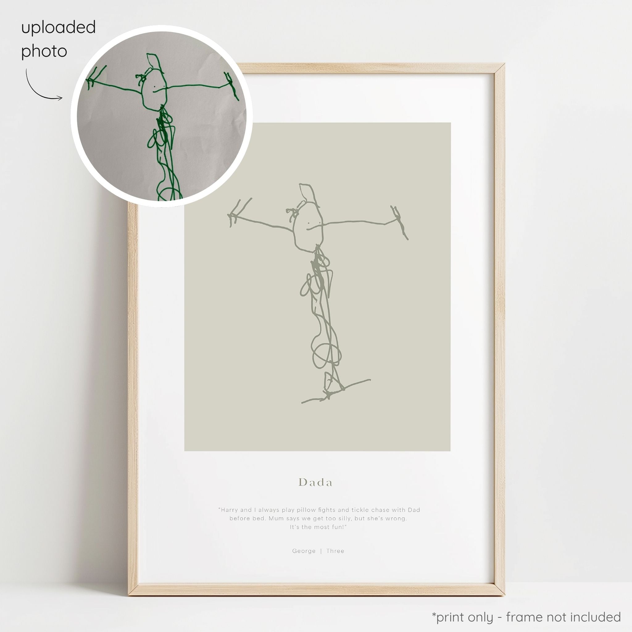 Framed olive abstract line art print of a child's drawing on a sage background with a close-up inset of the original drawing.