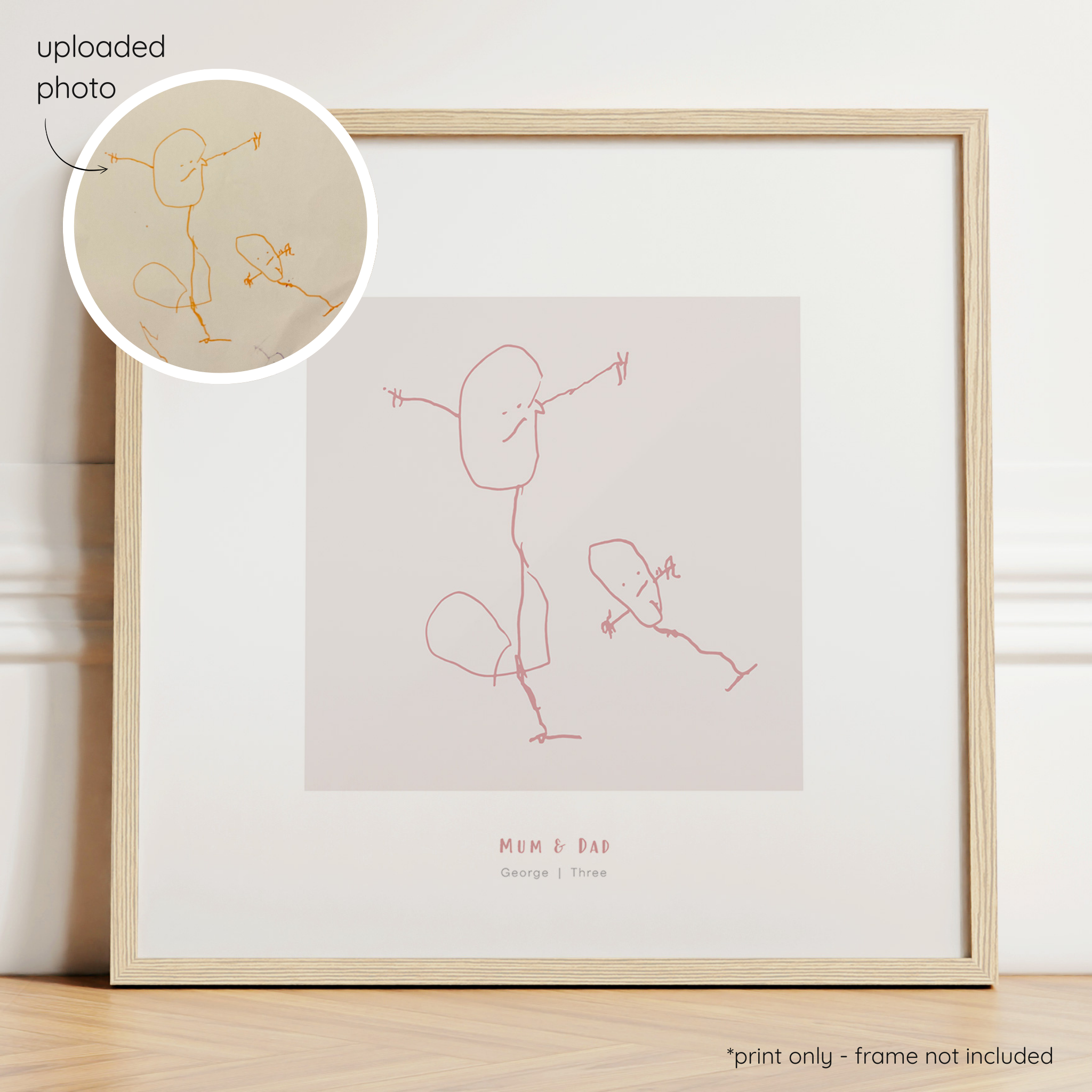 Framed berry abstract line art print of a child's drawing on a blush background with a close-up inset of the original drawing.