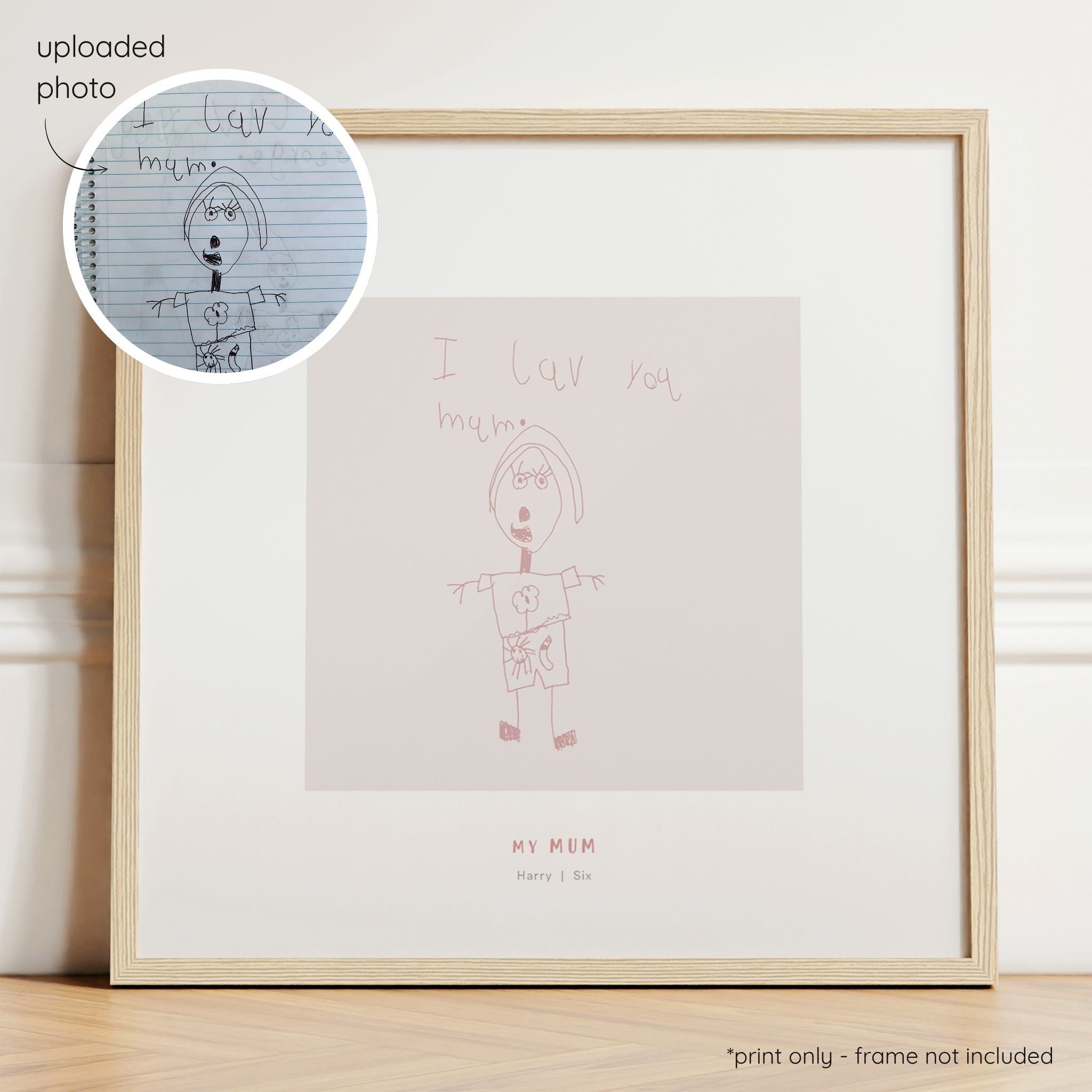 Framed berry abstract line art print of a child's drawing on a blush background with a close-up inset of the original drawing.