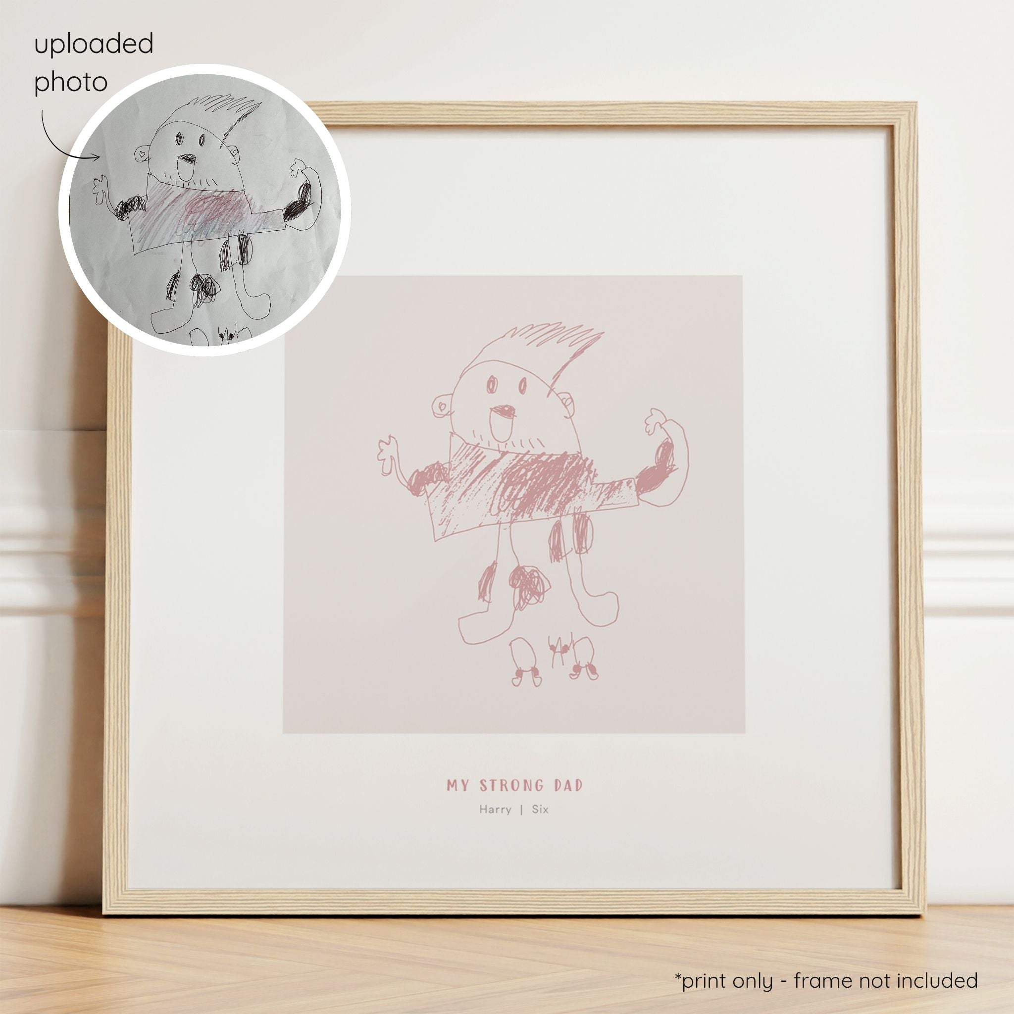 Framed berry abstract line art print of a child's drawing on a blush background with a close-up inset of the original drawing.