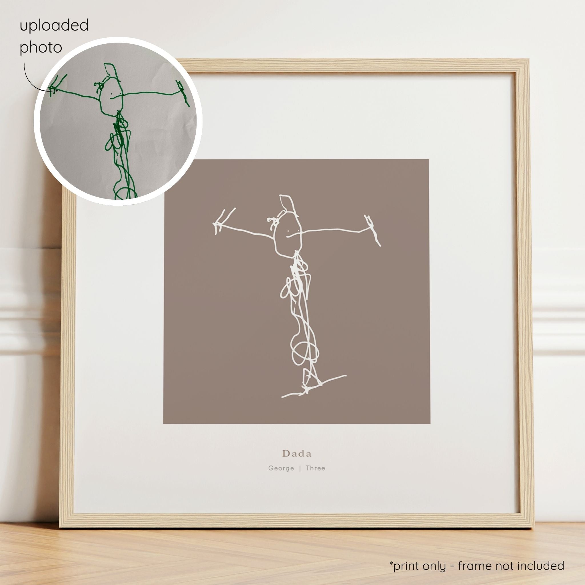 Framed white abstract line art print of a child's drawing on a cocoa background with a close-up inset of the original drawing.