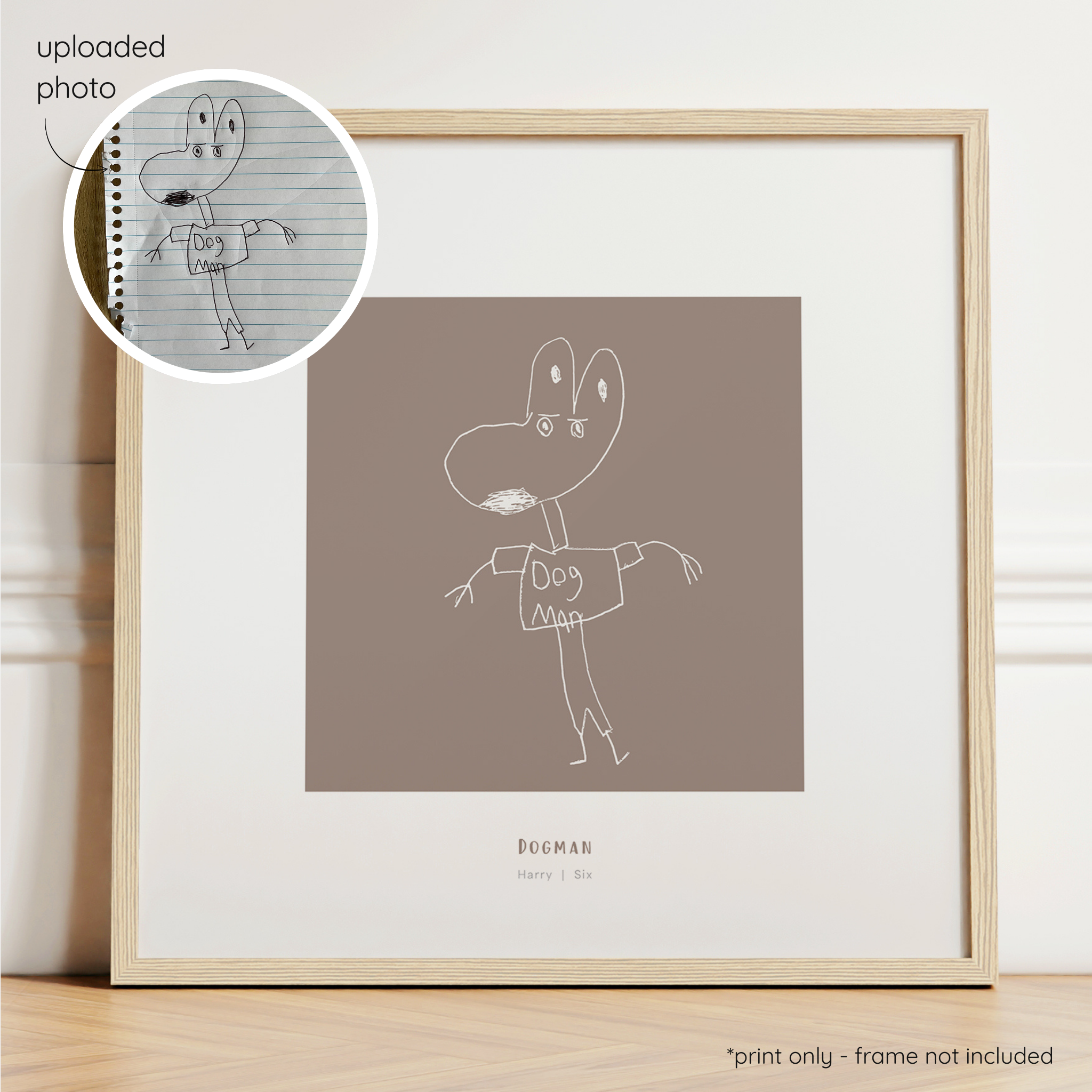 Framed white abstract line art print of a child's drawing on a cocoa background with a close-up inset of the original drawing.
