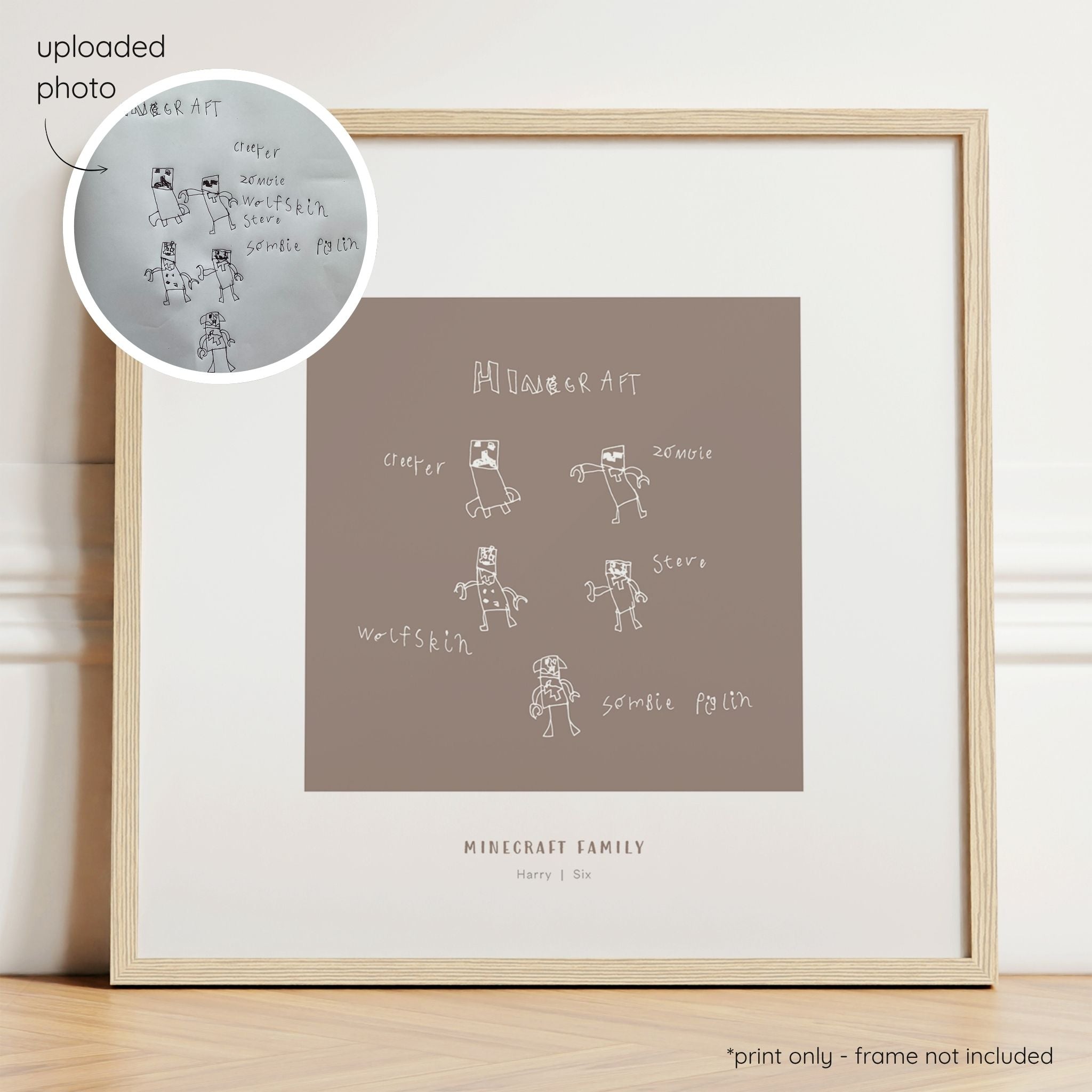 Framed white abstract line art print of a child's drawing on a cocoa background with a close-up inset of the original drawing.