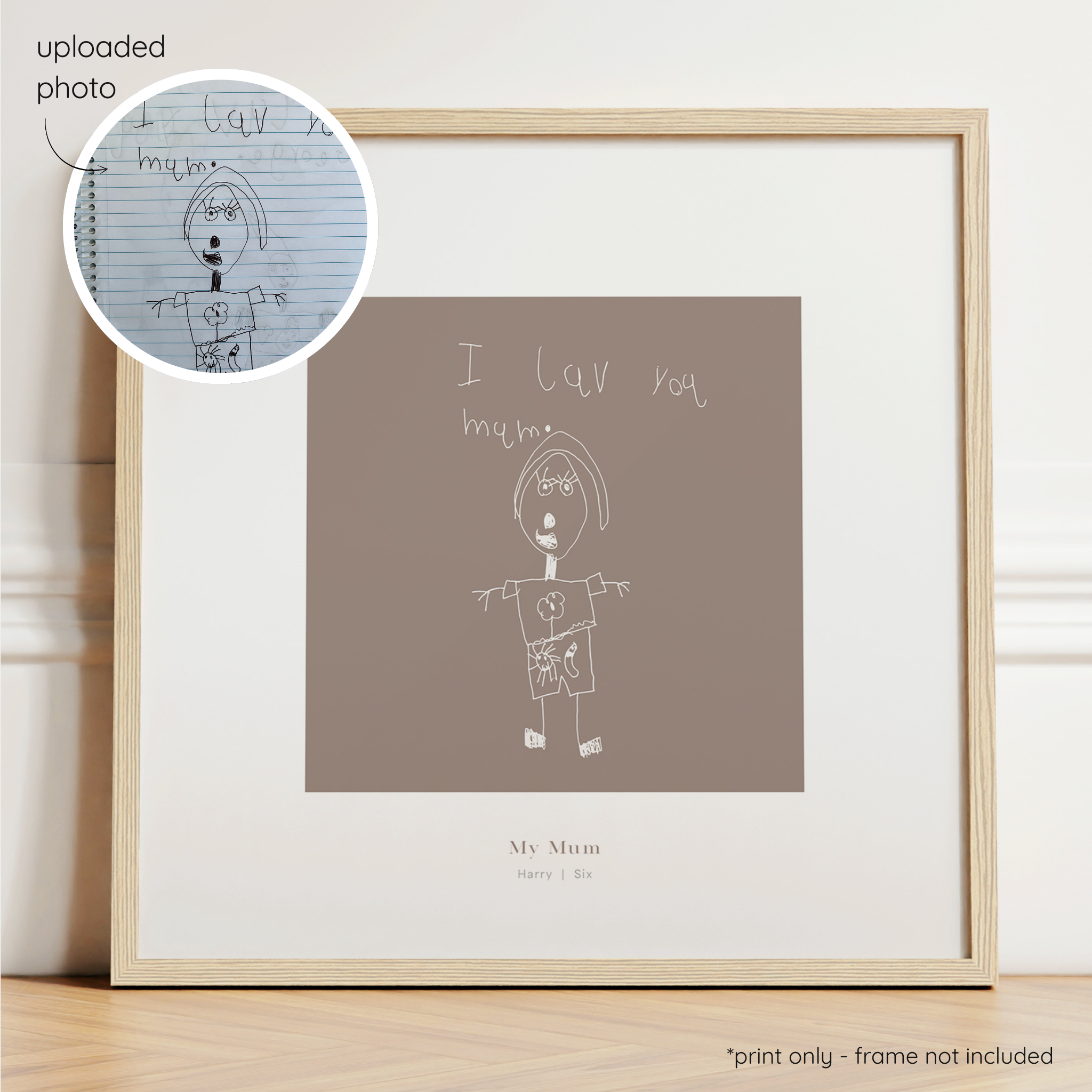 Framed white abstract line art print of a child's drawing on a cocoa background with a close-up inset of the original drawing.