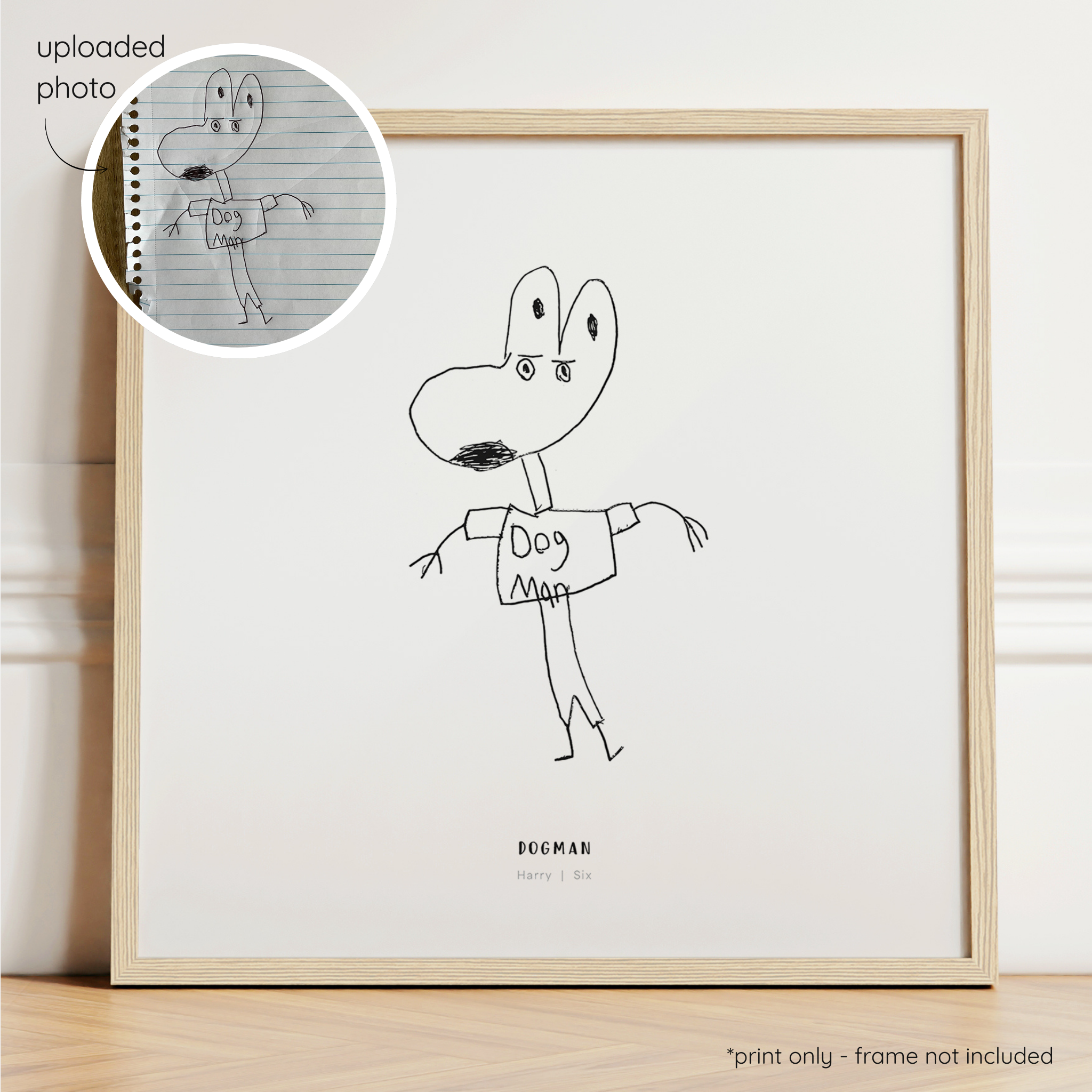 Framed black abstract line art print of a child's drawing on a white background with a close-up inset of the original drawing.