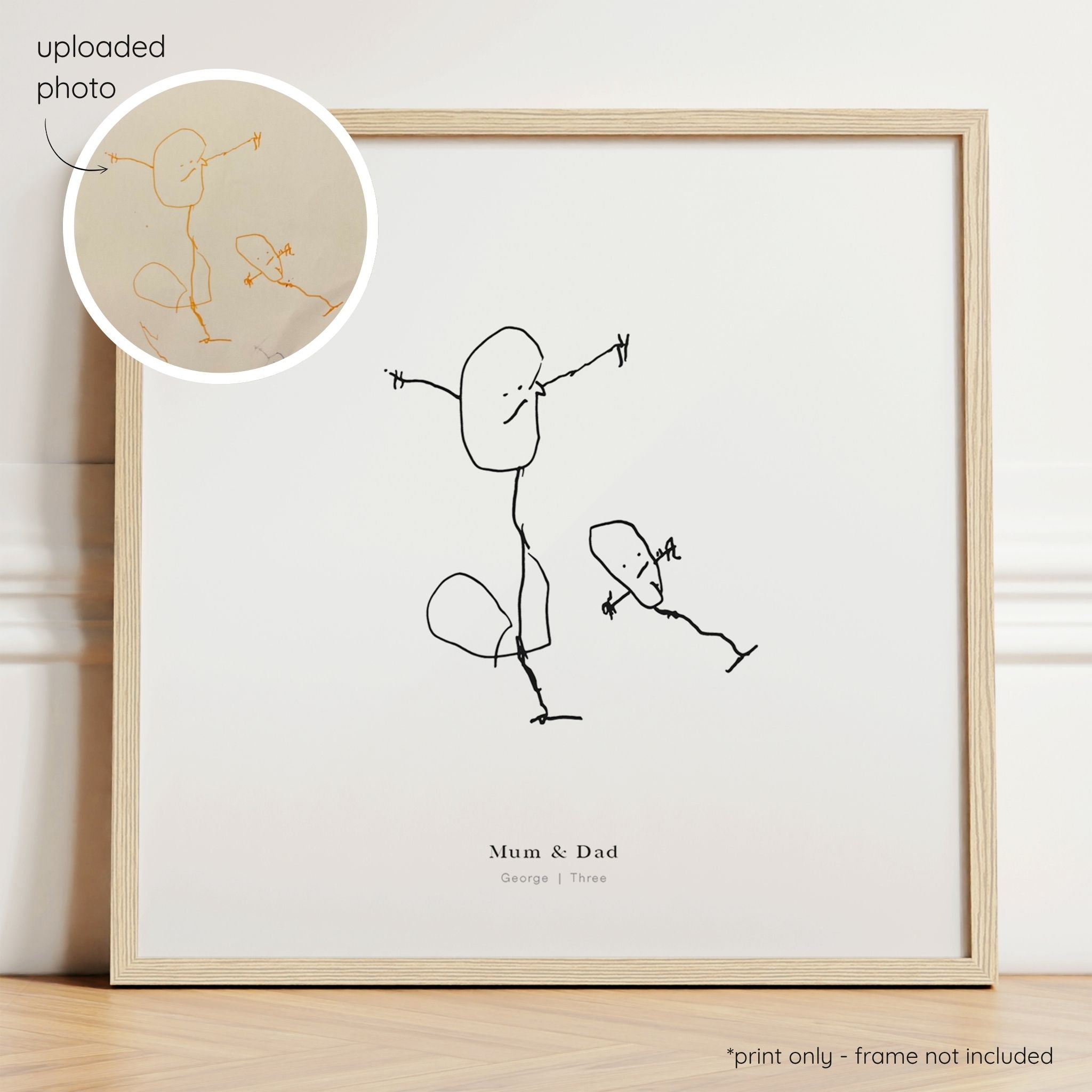Framed black abstract line art print of a child's drawing on a white background with a close-up inset of the original drawing.