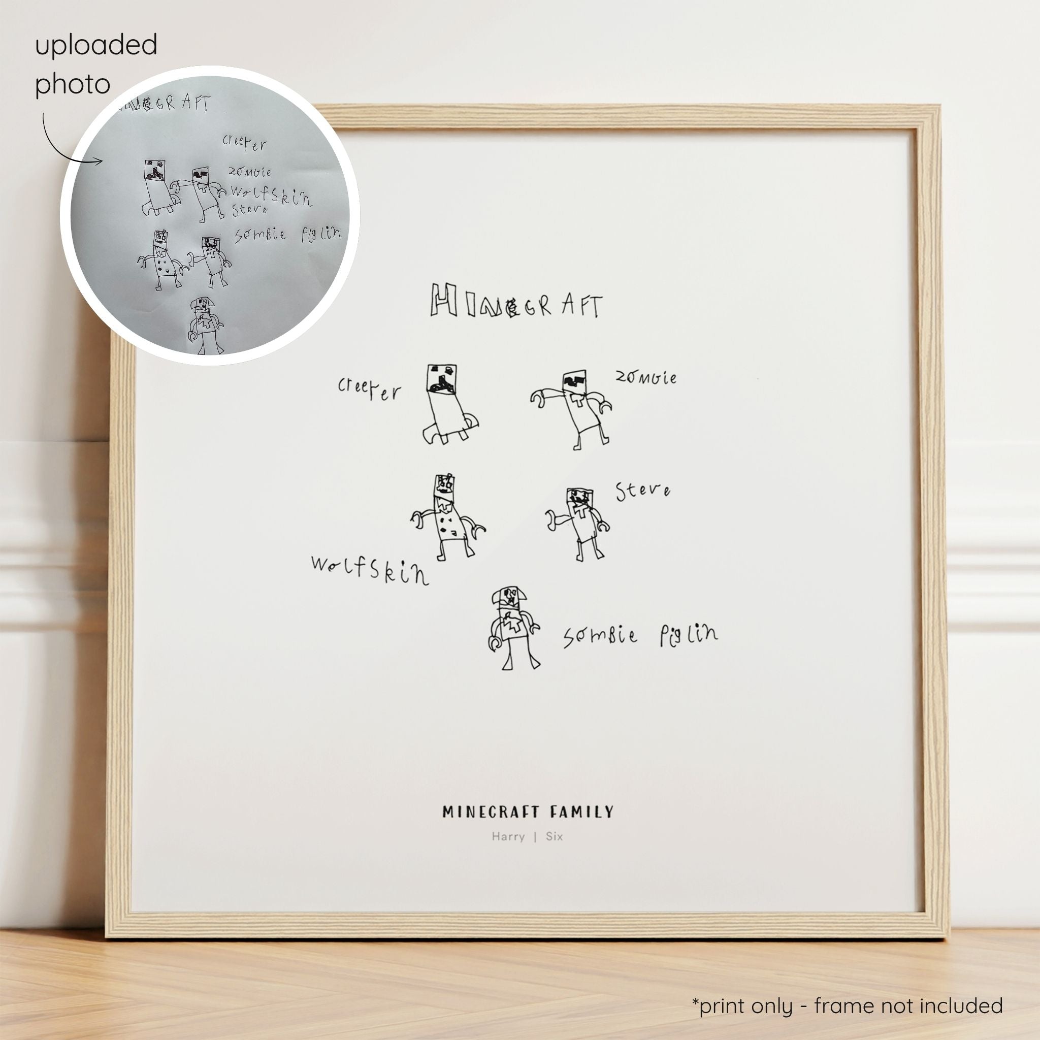 Framed black abstract line art print of a child's drawing on a white background with a close-up inset of the original drawing.
