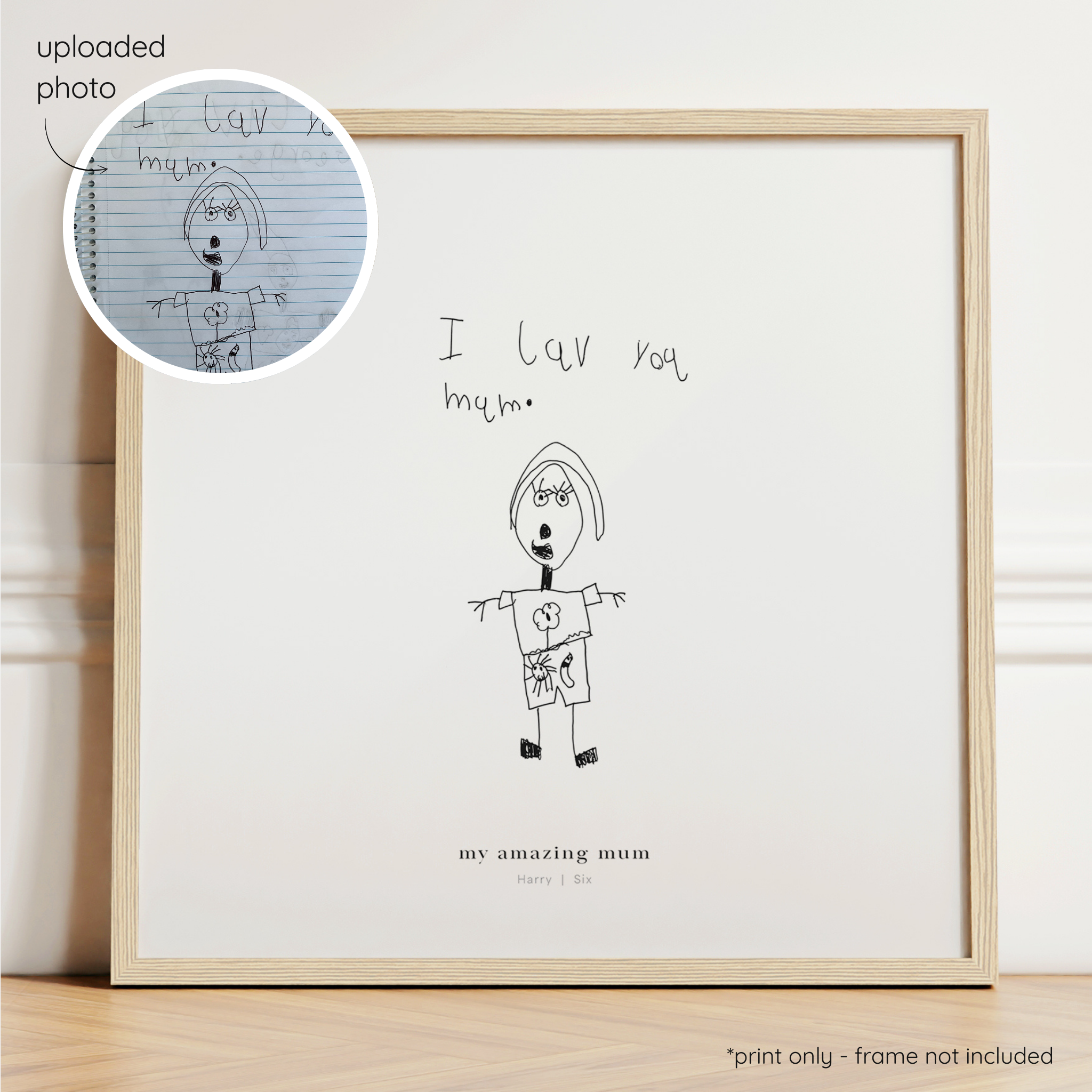 Framed black abstract line art print of a child's drawing on a white background with a close-up inset of the original drawing.