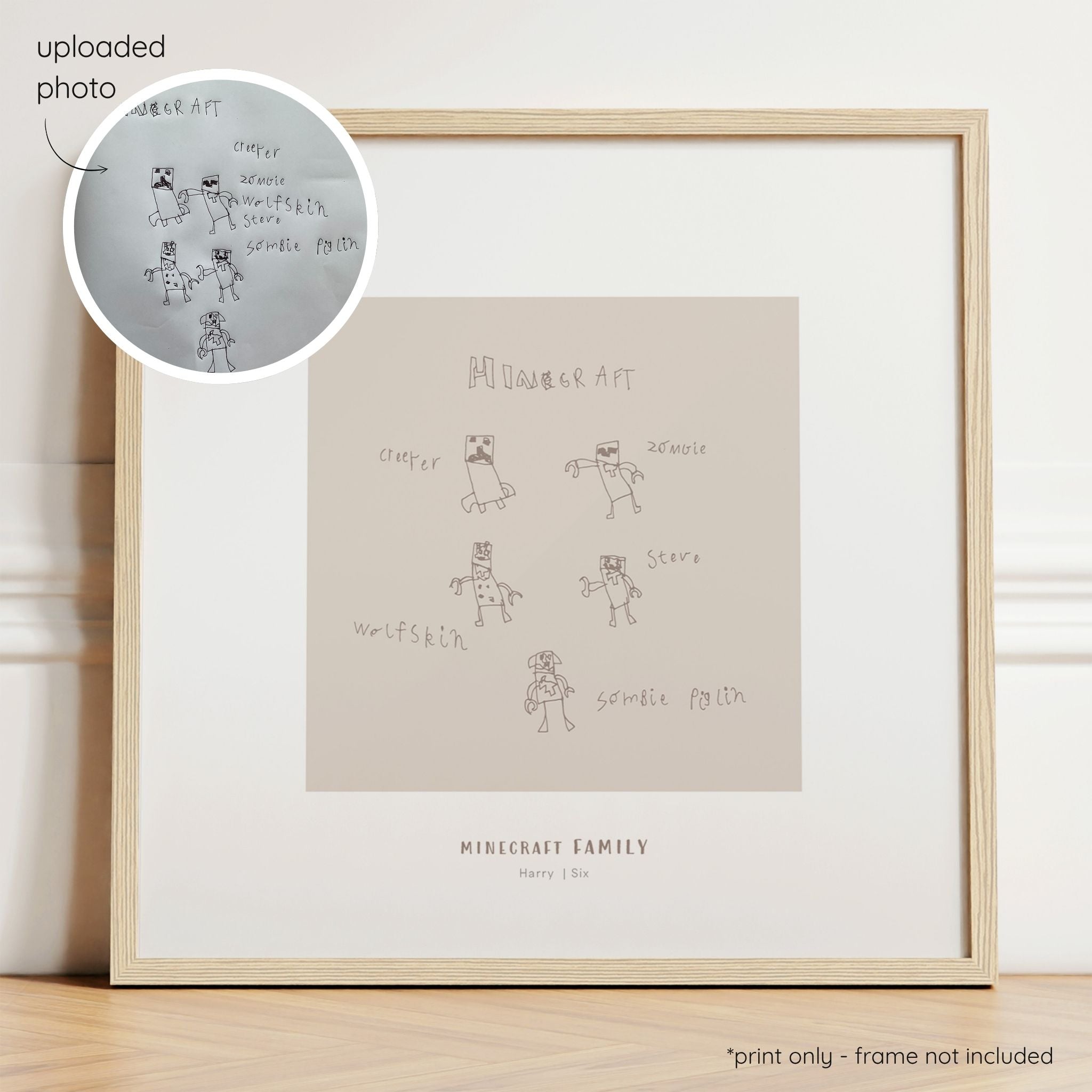 Framed mocha abstract line art print of a child's drawing on a mushroom background with a close-up inset of the original drawing.