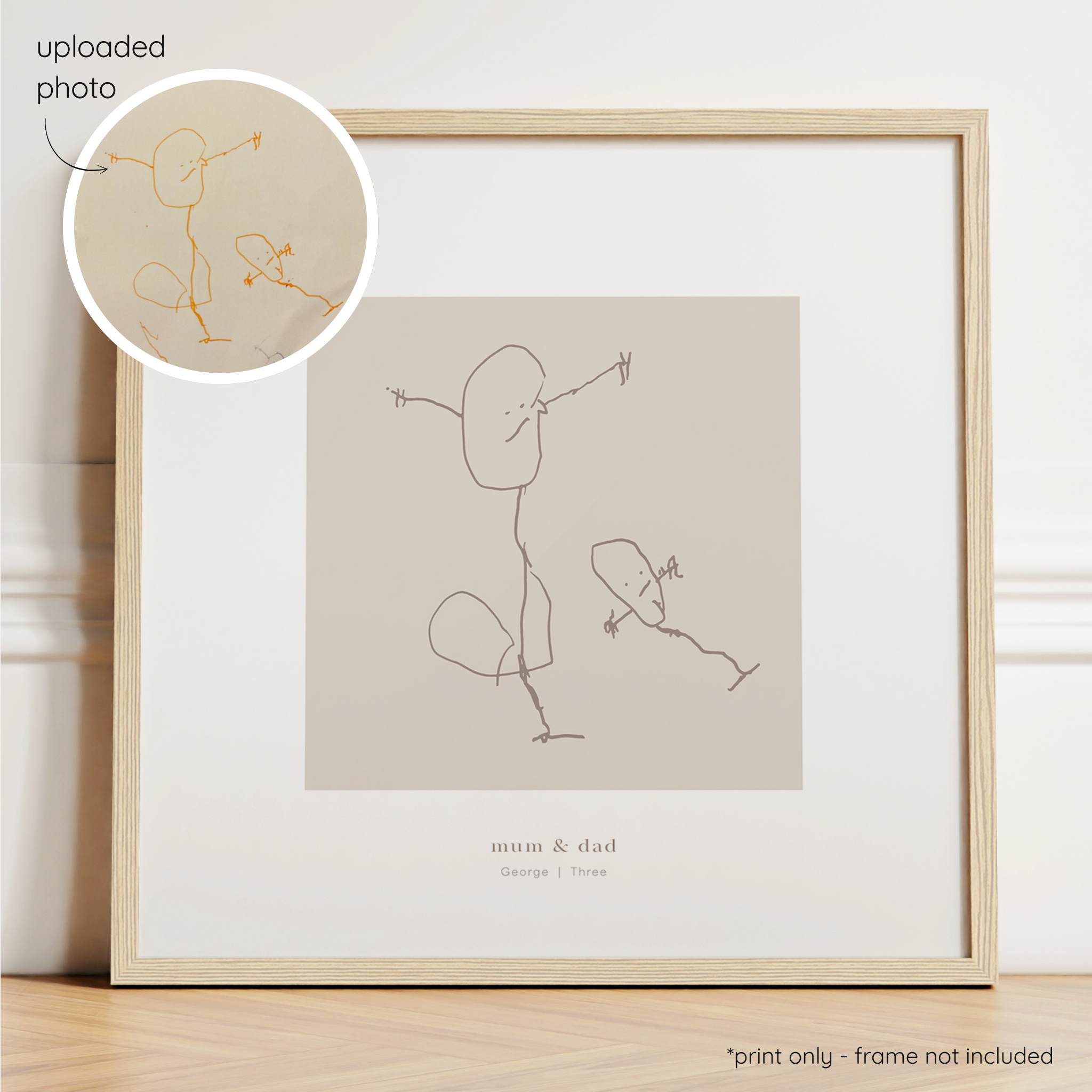 Framed mocha abstract line art print of a child's drawing on a mushroom background with a close-up inset of the original drawing.