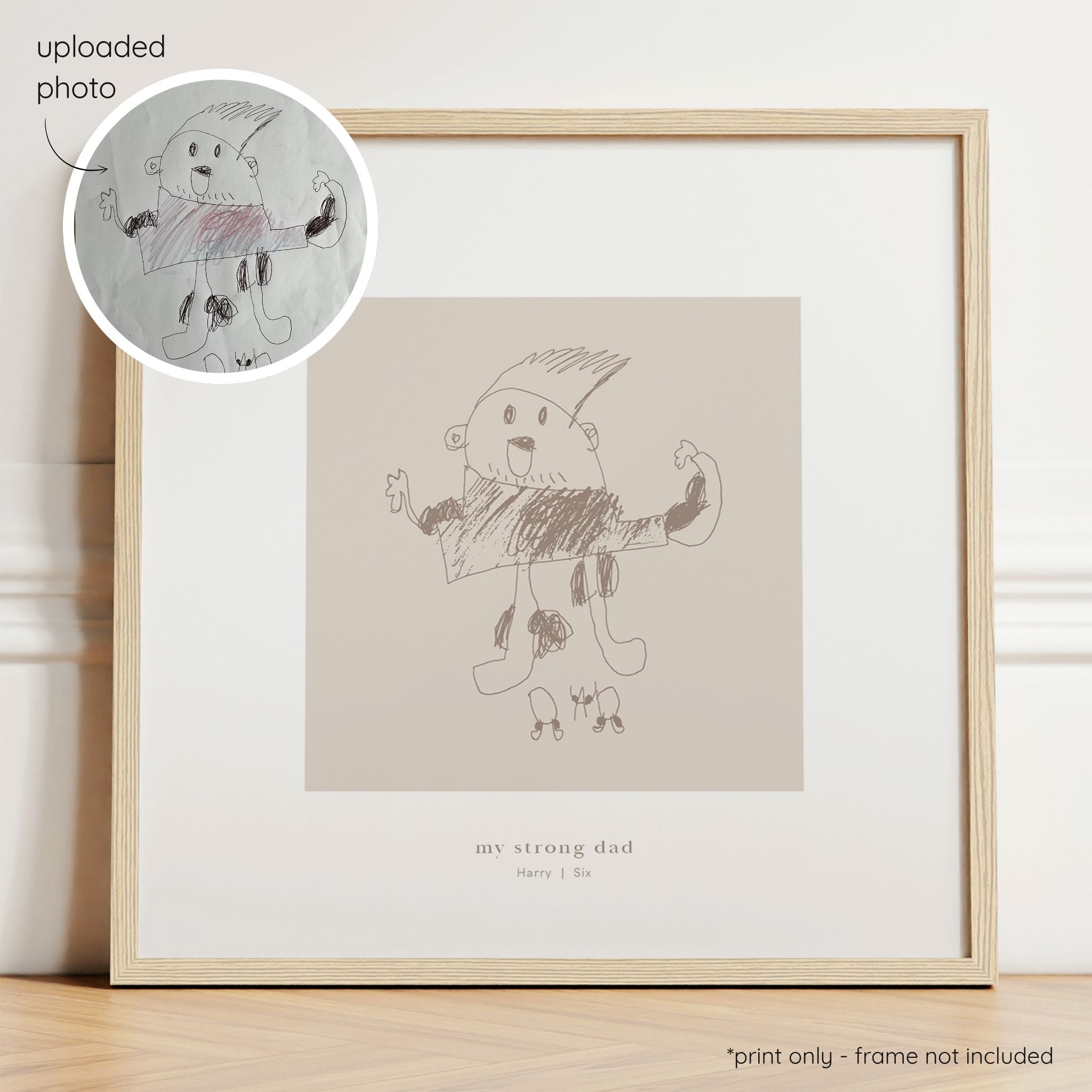 Framed mocha abstract line art print of a child's drawing on a mushroom background with a close-up inset of the original drawing.