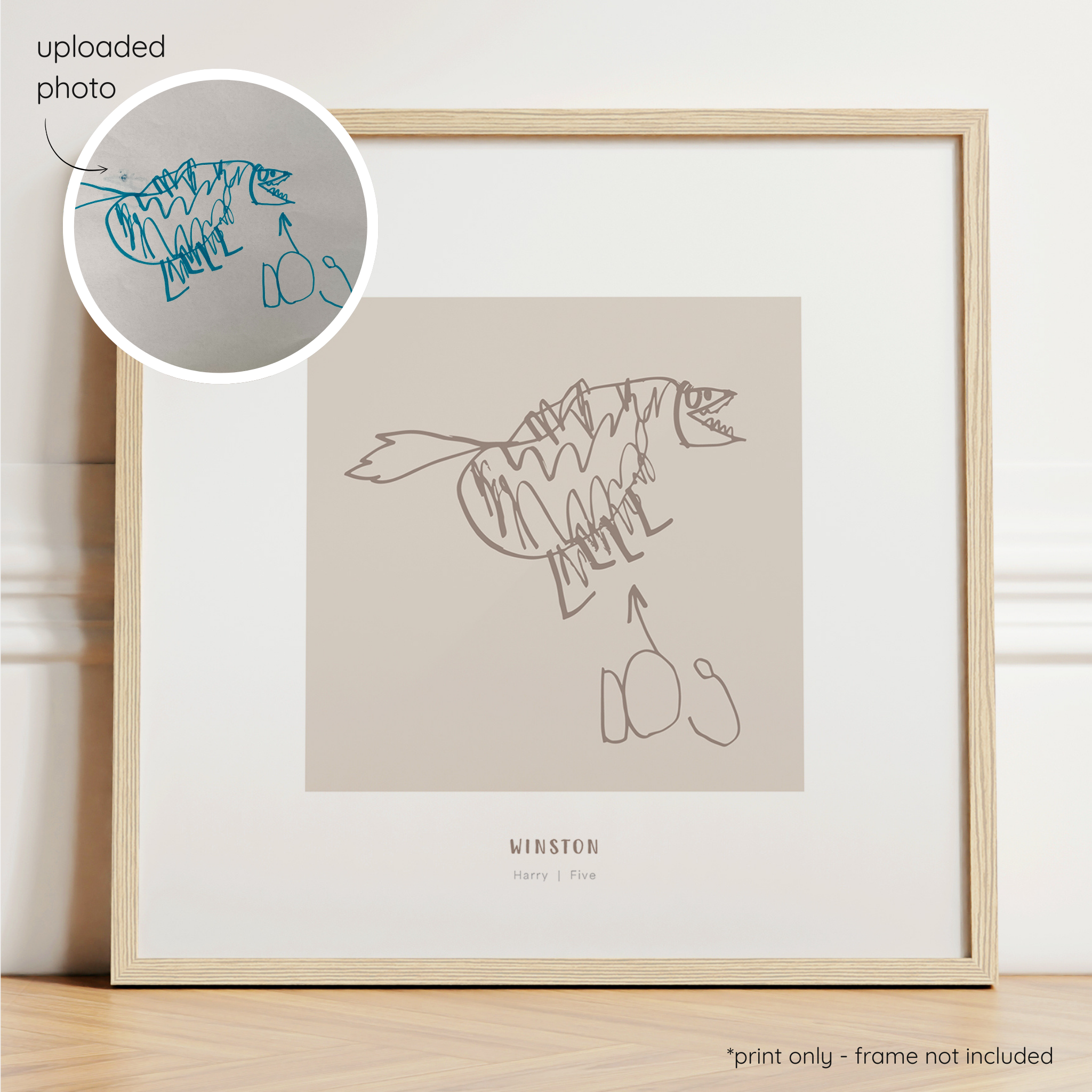 Framed mocha abstract line art print of a child's drawing on a mushroom background with a close-up inset of the original drawing.