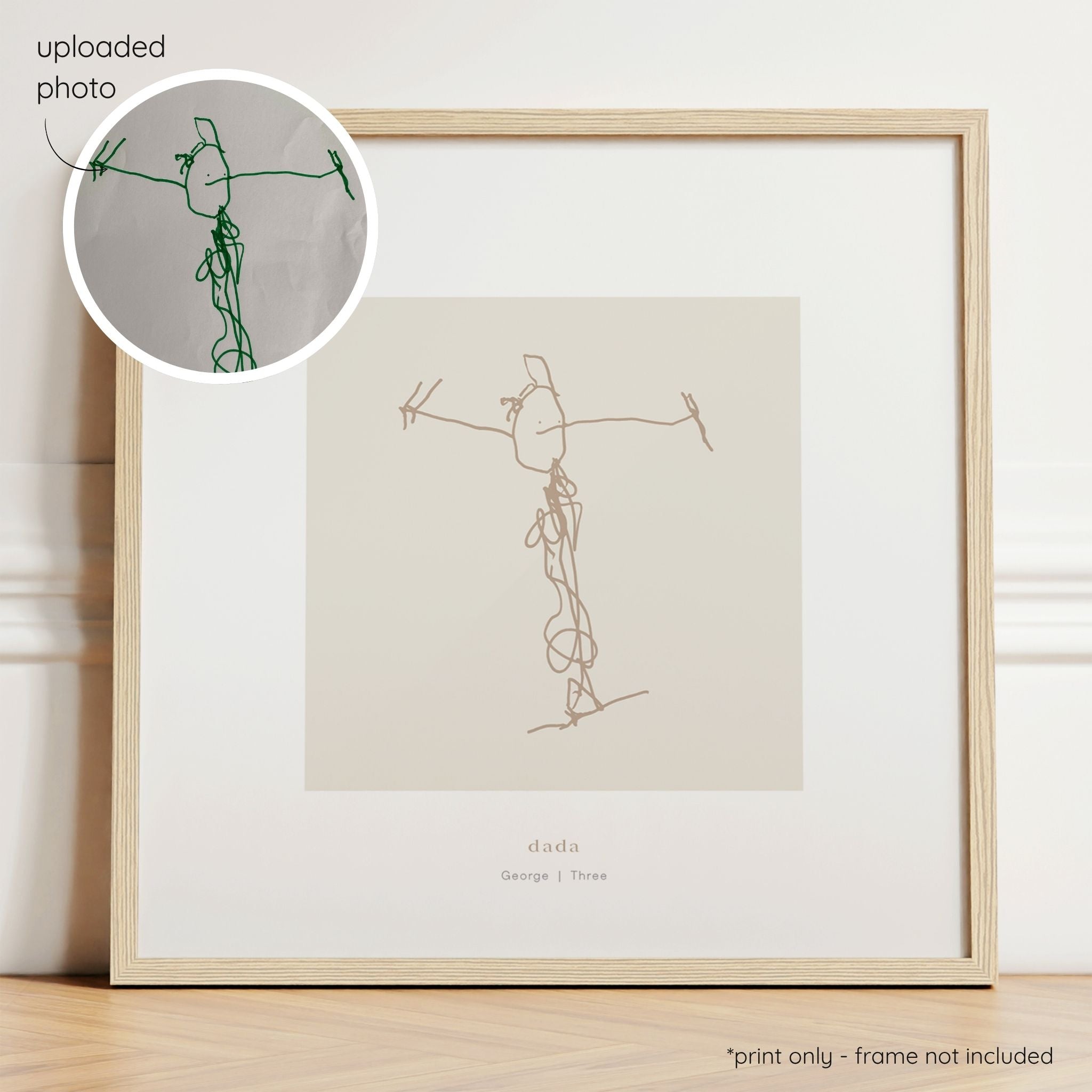 Framed almond abstract line art print of a child's drawing on a oat background with a close-up inset of the original drawing.