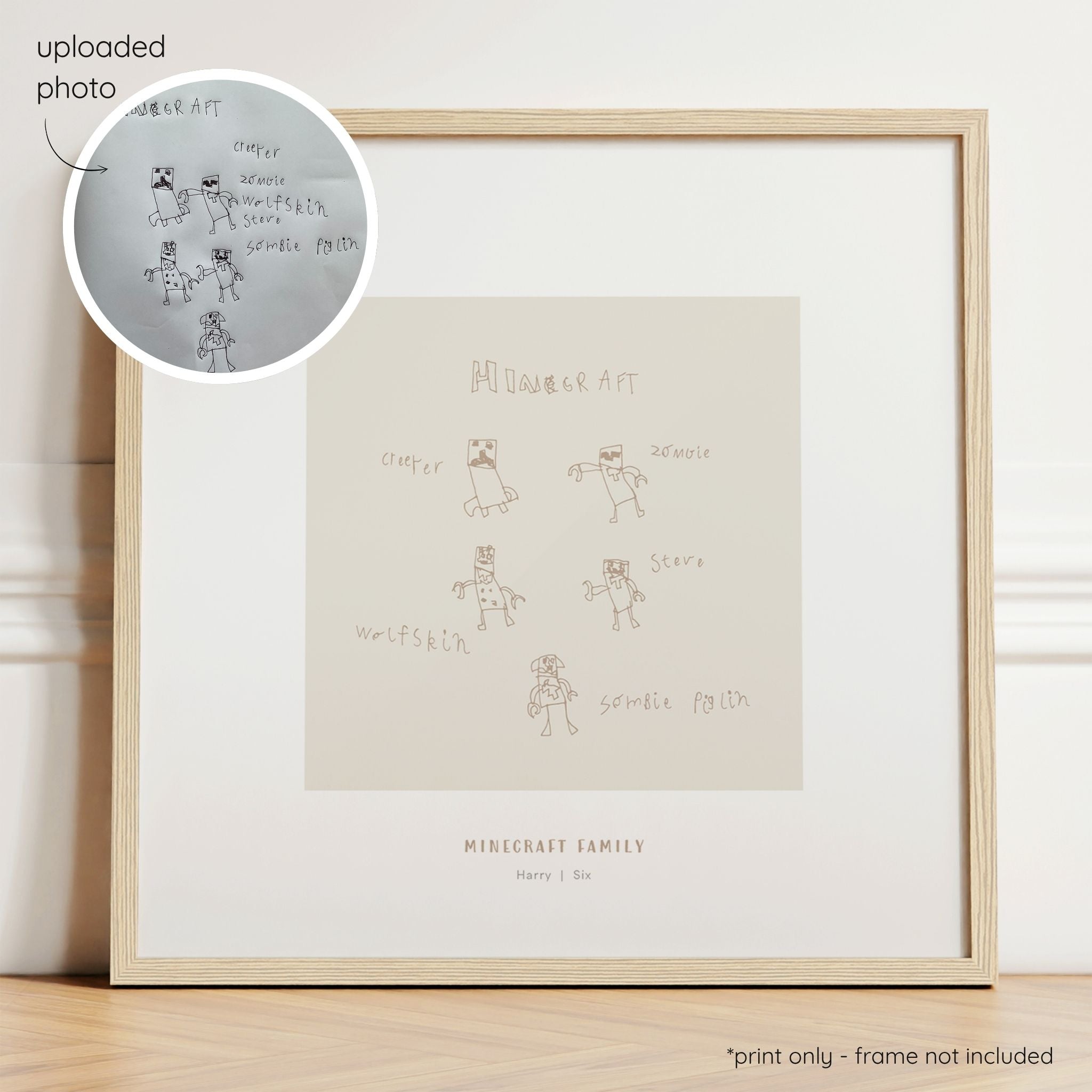 Framed almond abstract line art print of a child's drawing on a oat background with a close-up inset of the original drawing.