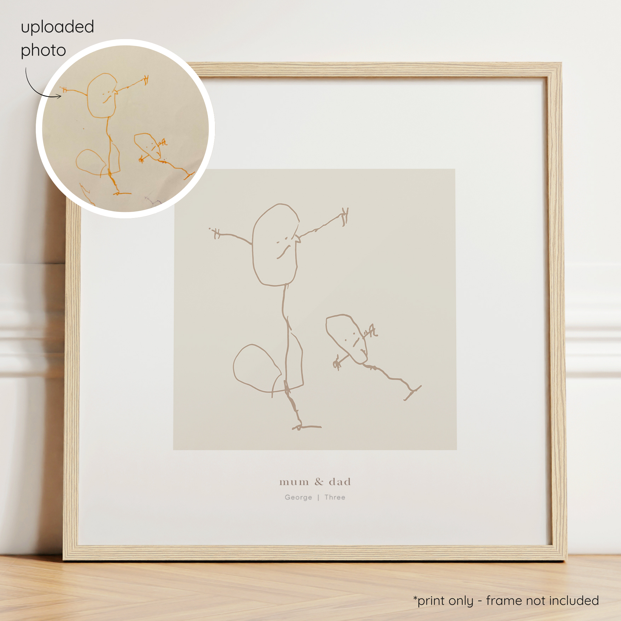 Framed almond abstract line art print of a child's drawing on a oat background with a close-up inset of the original drawing.