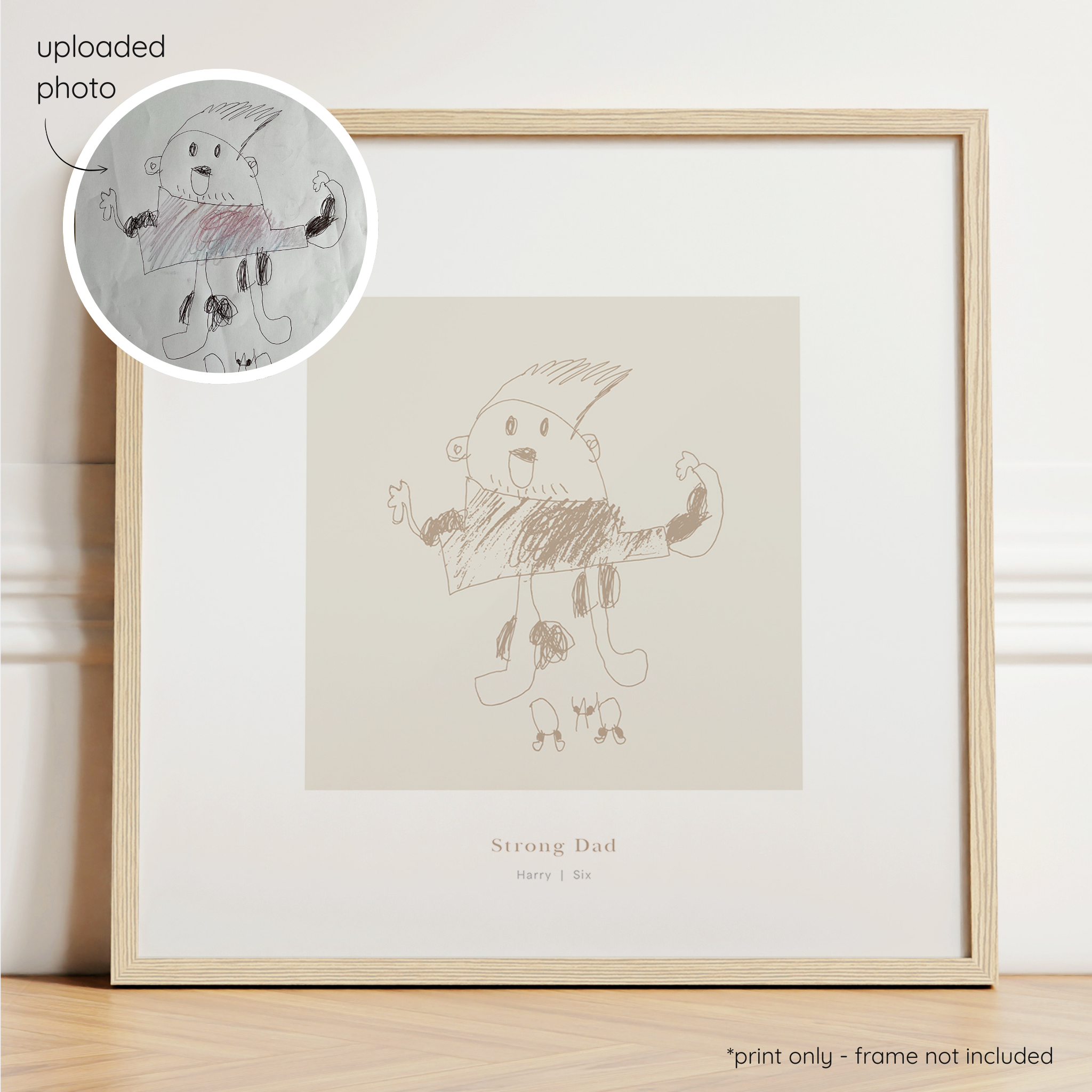 Framed almond abstract line art print of a child's drawing on a oat background with a close-up inset of the original drawing.