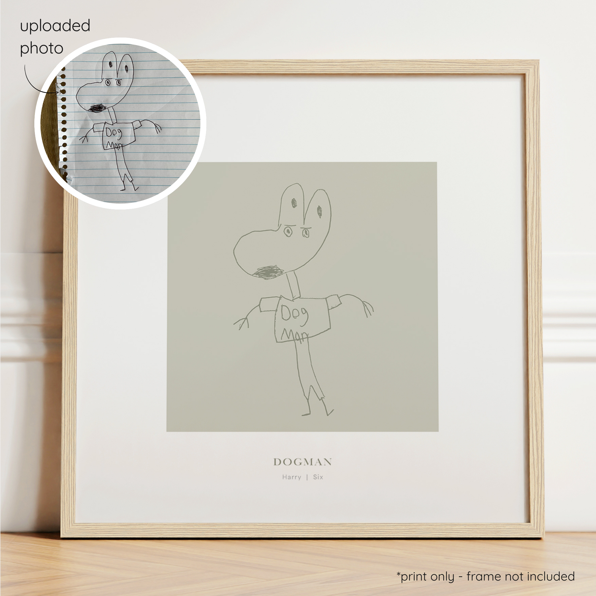 Framed olive abstract line art print of a child's drawing on a sage background with a close-up inset of the original drawing.