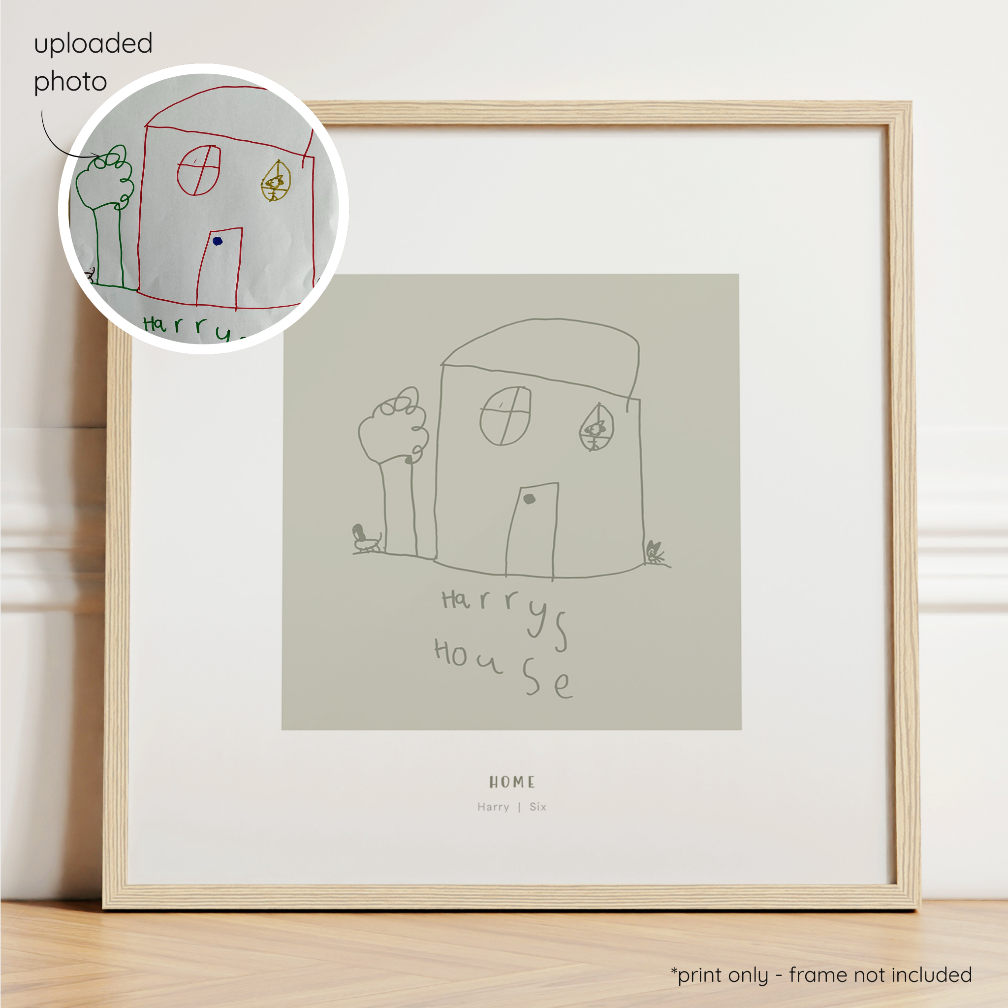 Framed olive abstract line art print of a child's drawing on a sage background with a close-up inset of the original drawing.