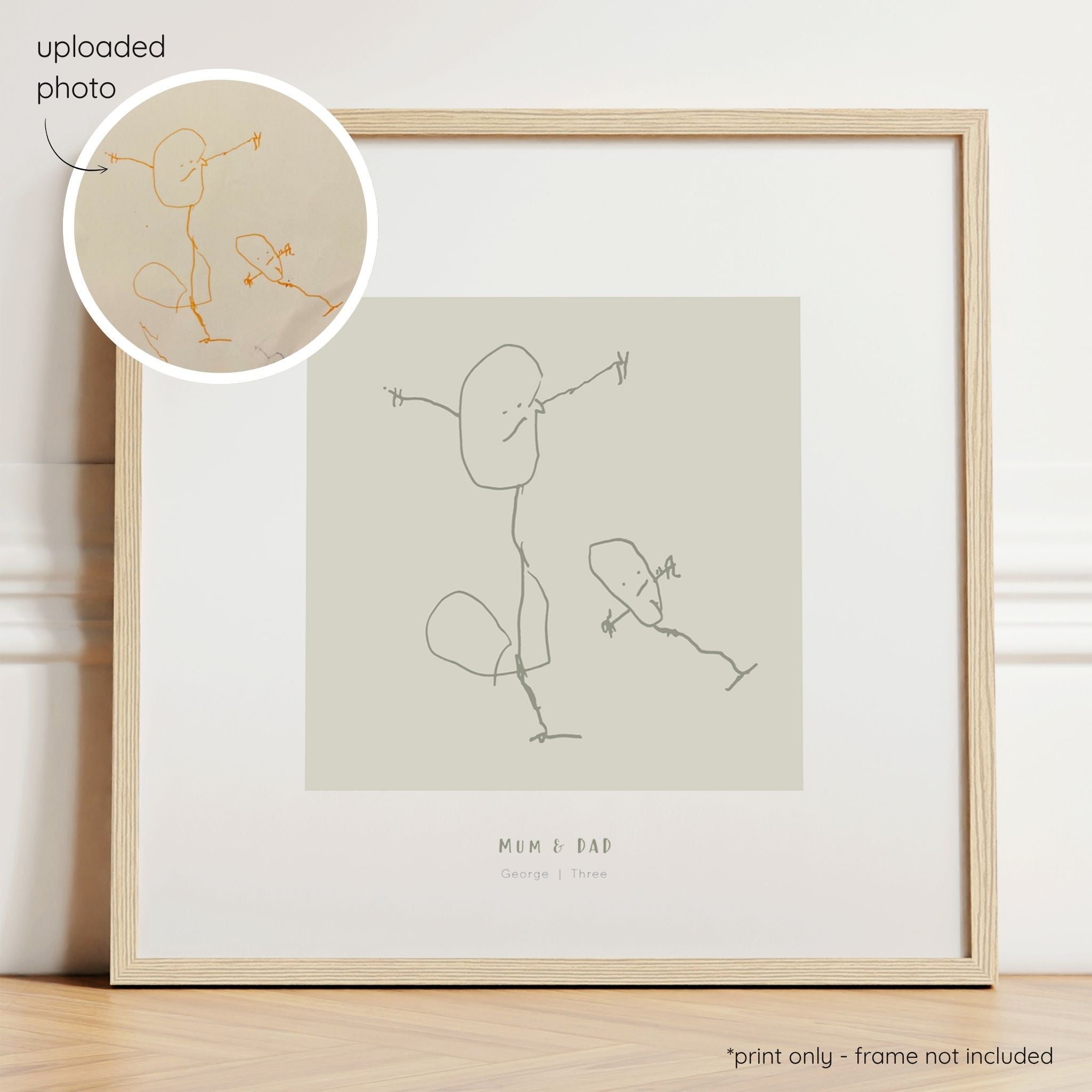 Framed olive abstract line art print of a child's drawing on a sage background with a close-up inset of the original drawing.