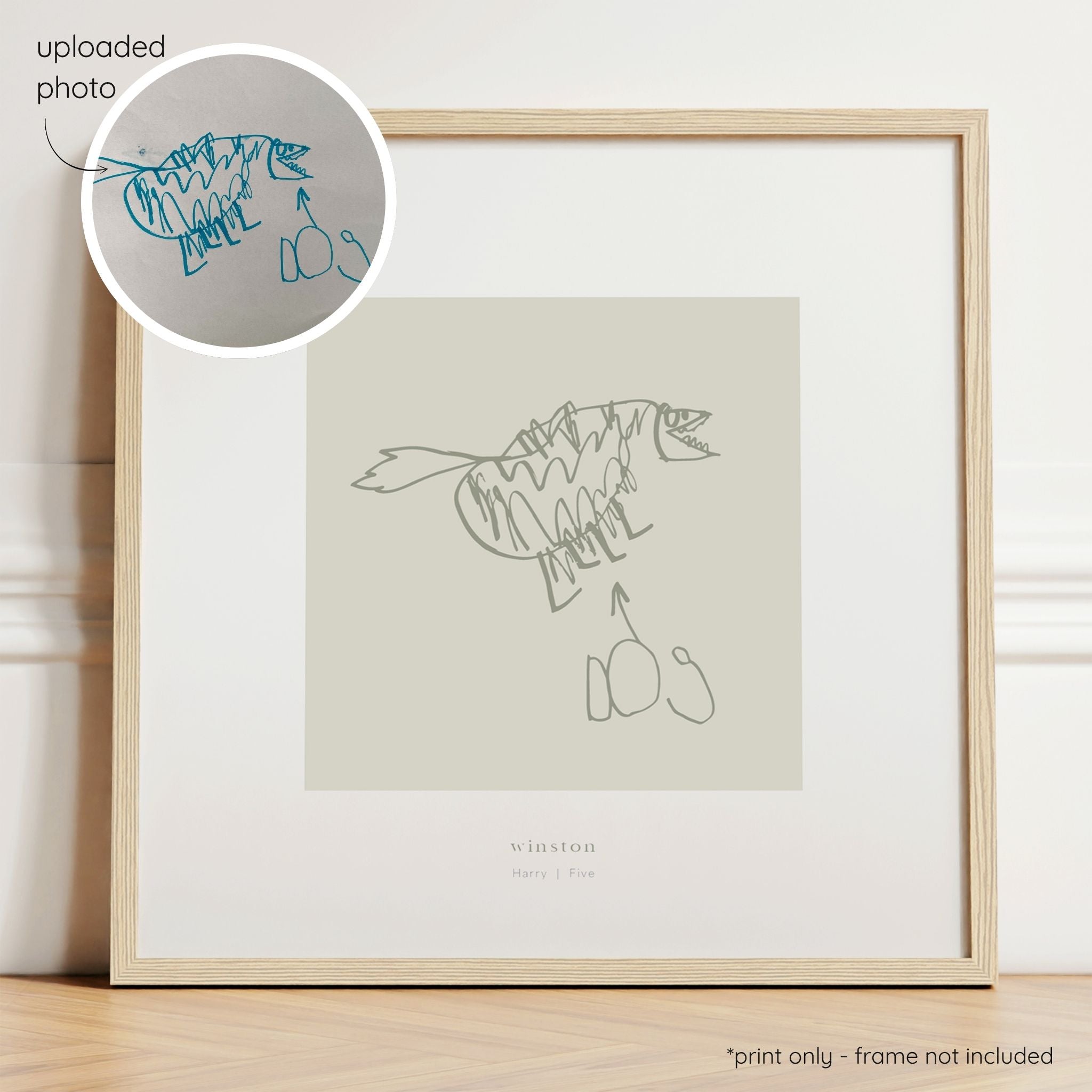 Framed olive abstract line art print of a child's drawing on a sage background with a close-up inset of the original drawing.