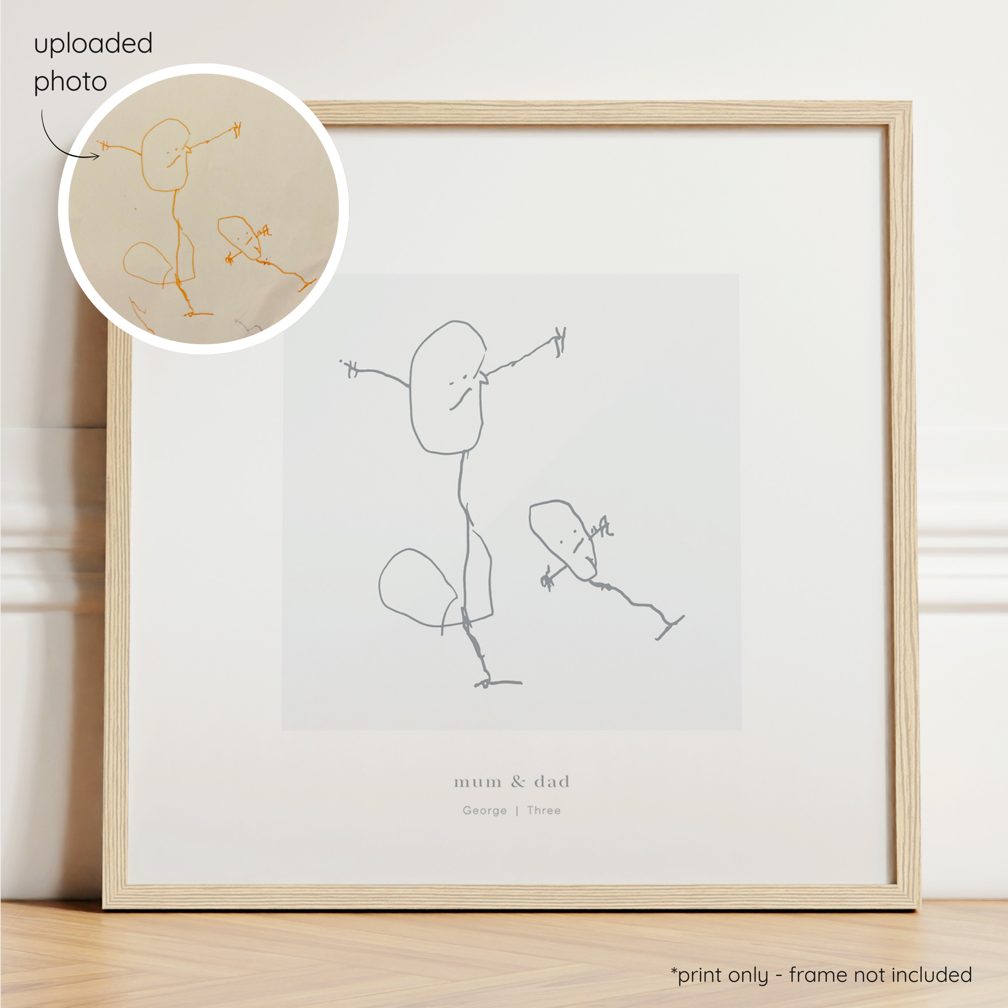 Framed dark grey abstract line art print of a child's drawing on a light grey background with a close-up inset of the original drawing.