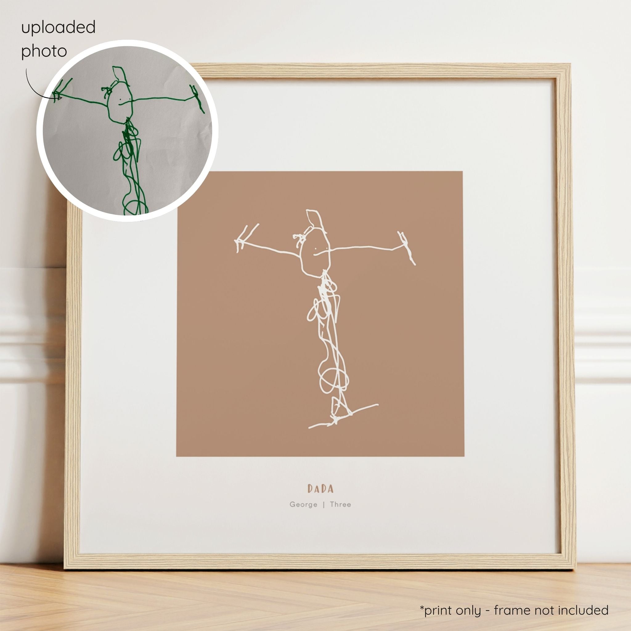 Framed white abstract line art print of a child's drawing on a terracotta background with a close-up inset of the original drawing.