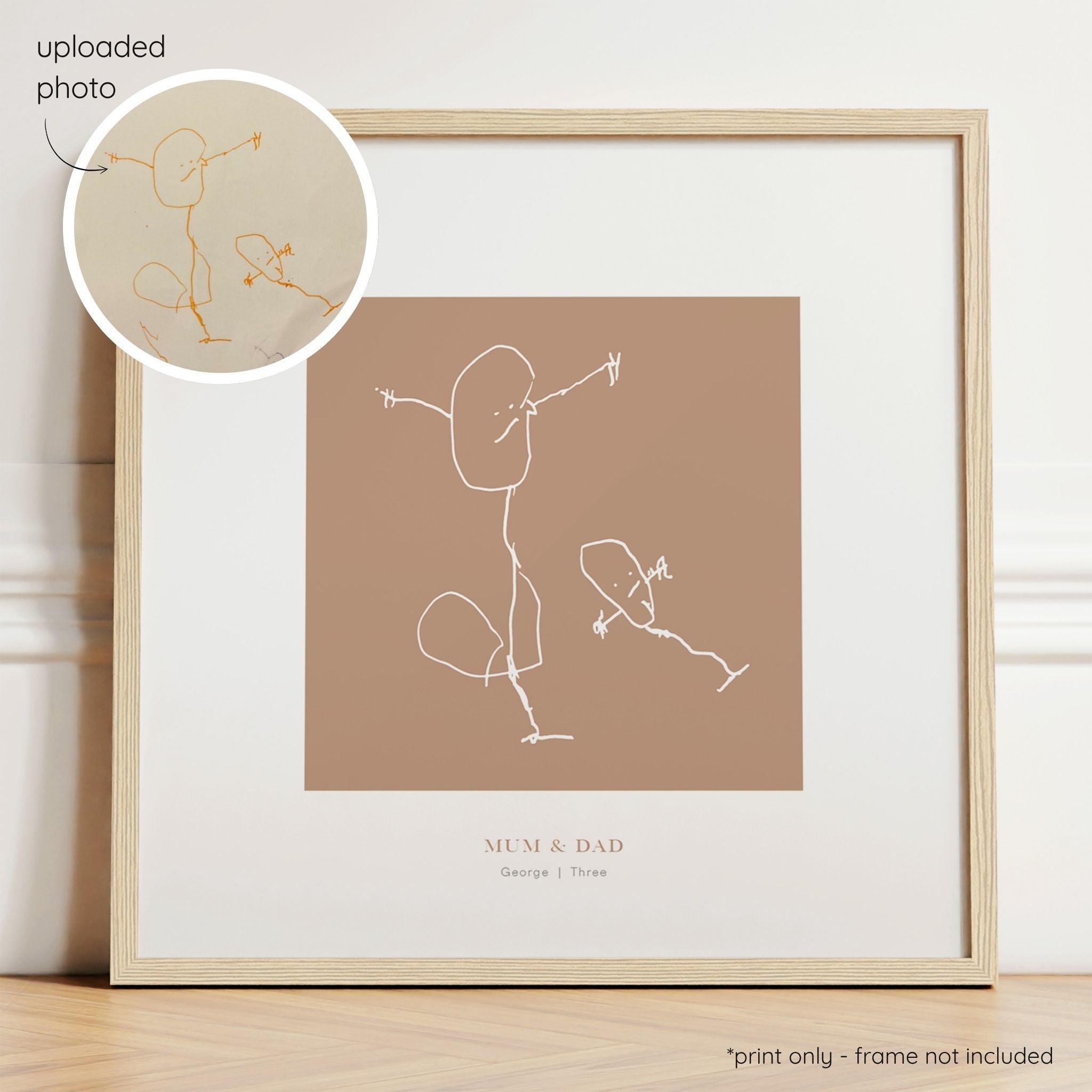 Framed white abstract line art print of a child's drawing on a terracotta background with a close-up inset of the original drawing.