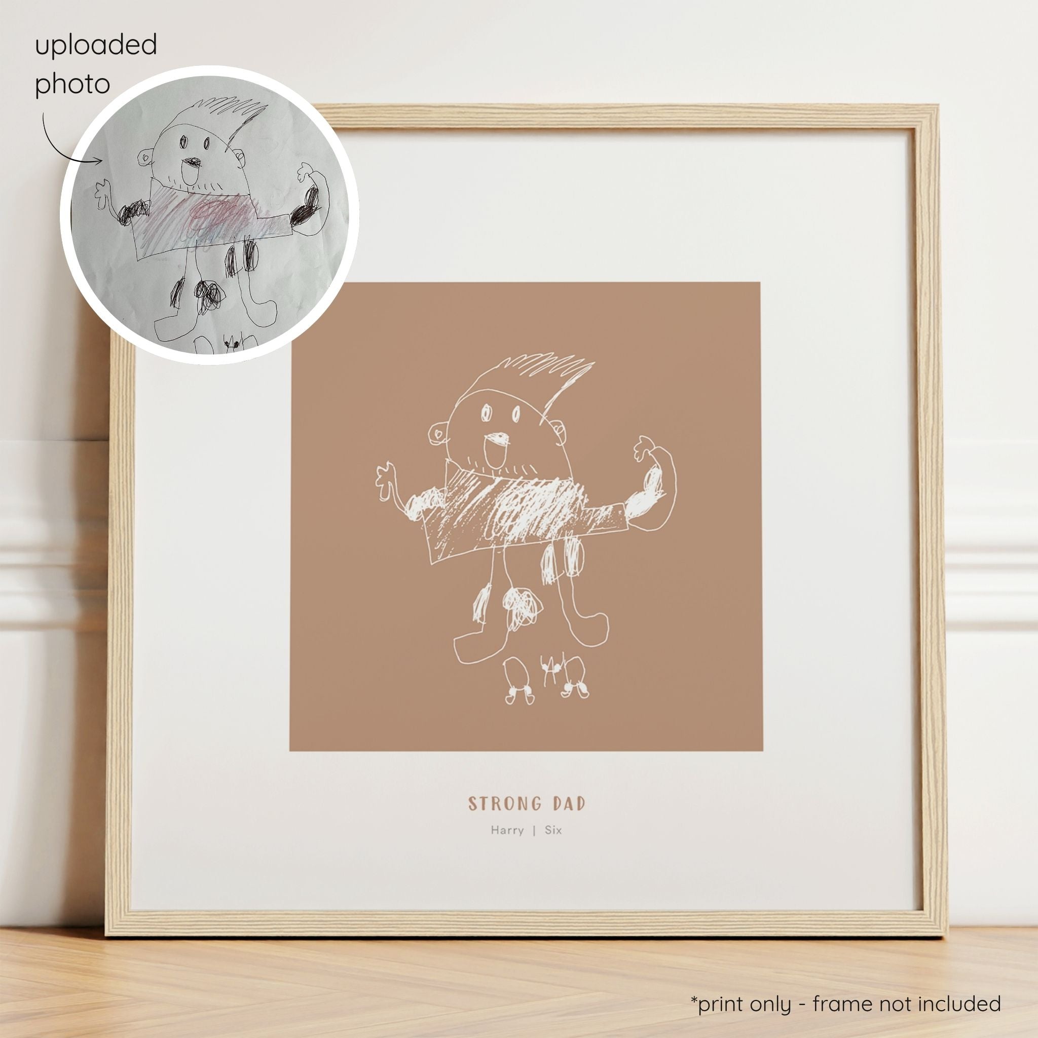 Framed white abstract line art print of a child's drawing on a terracotta background with a close-up inset of the original drawing.
